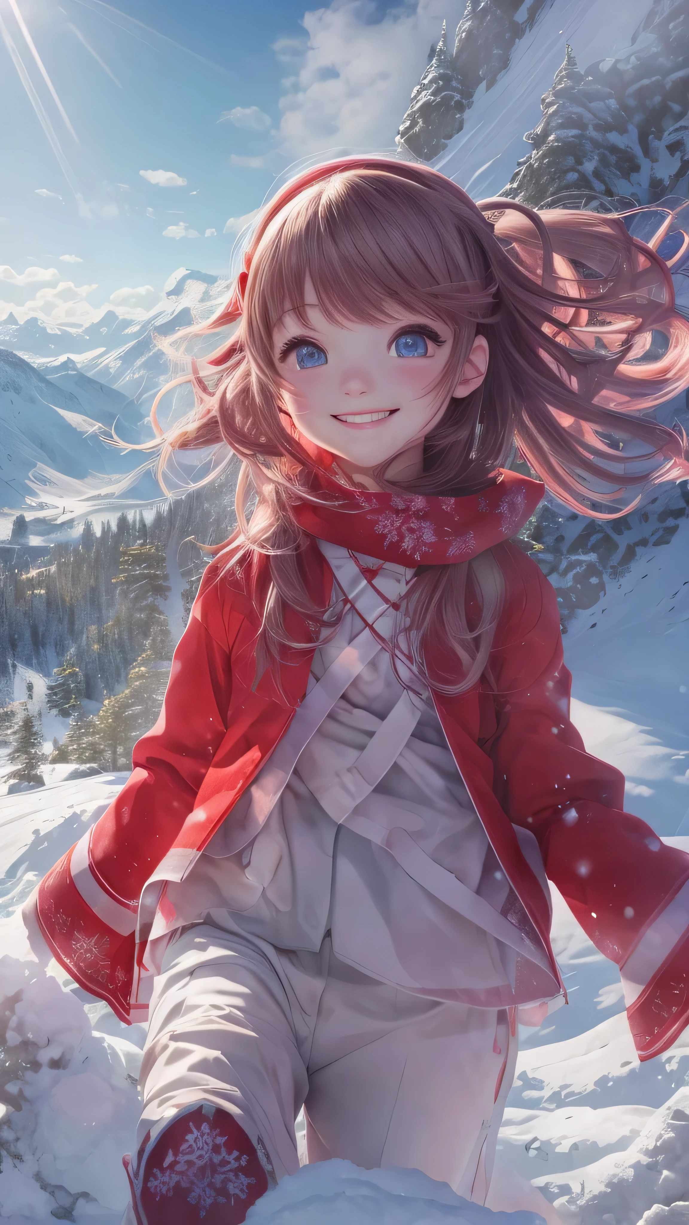  high-definition picture ，Girl in red clothes smiling 、 at the top of a snowy white mountain、Friends。 sun rays 、