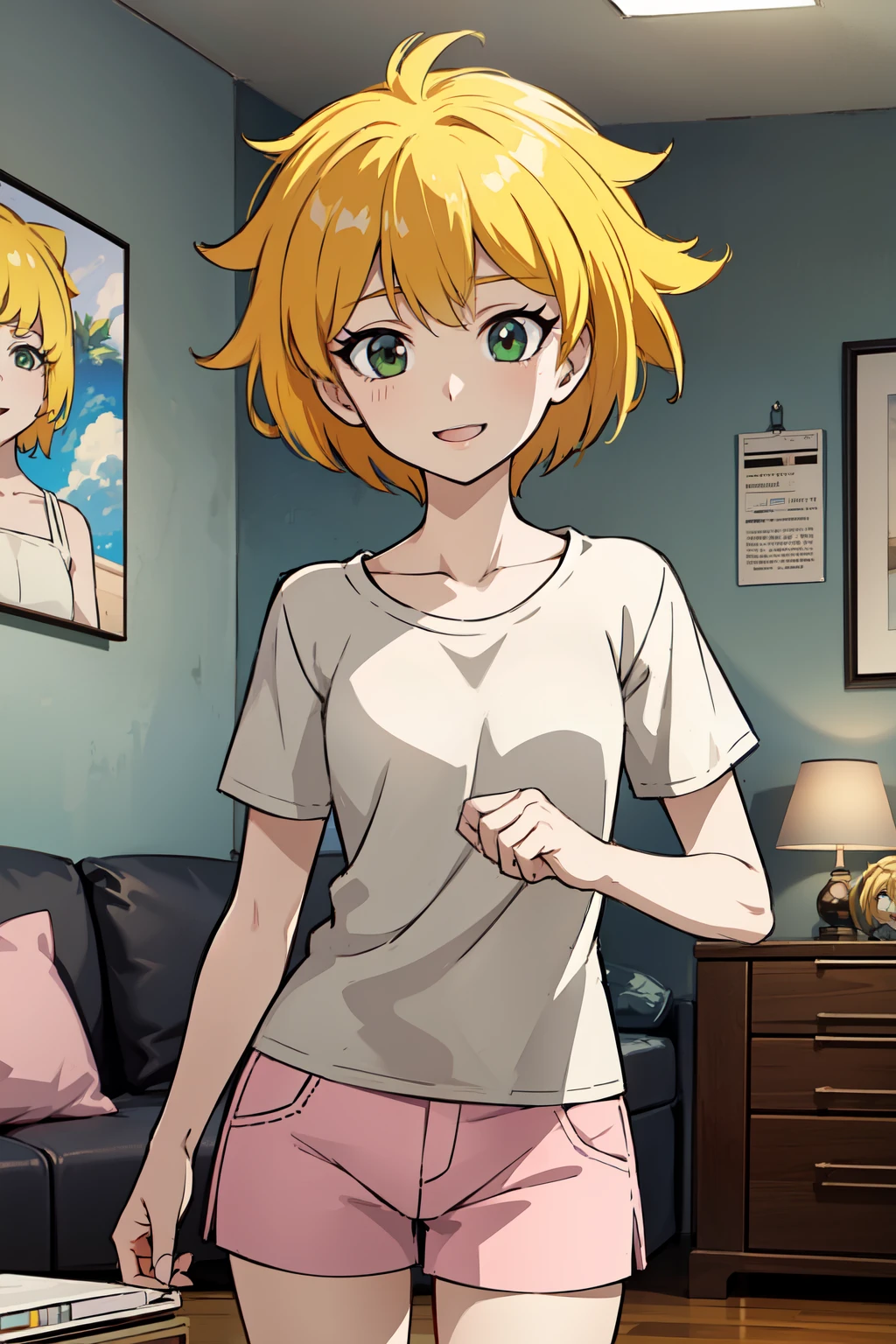 masterpiece:1.2, best quality, detailed,Super high quality,perfect anatomy,beautiful light and shadow, ,Beautiful white skin ,blonde hair, green eyes,slim, young woman in her early 20s ,1girl,,Various poses, solo, living room at night, very detailed eyes, smiling, anime style , 8k digital painting, wearing a t-shirt, sfw, short hair, (Lisa Simpson), pink hot shorts,