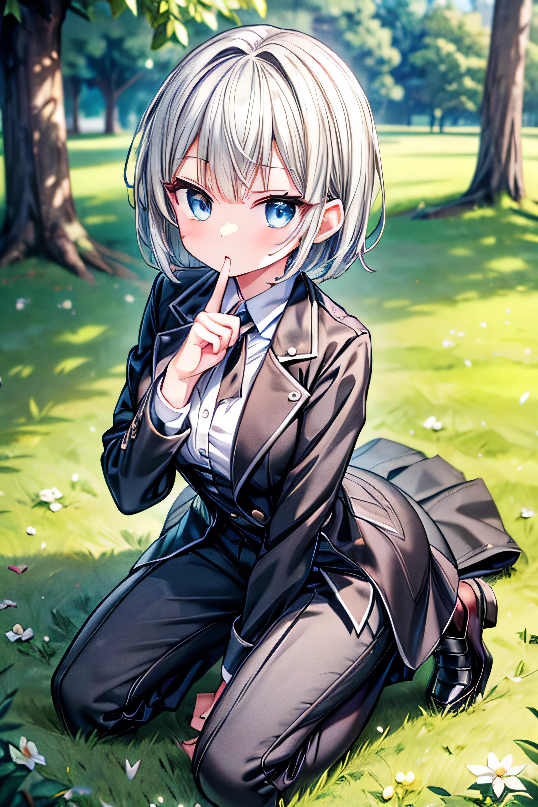 (extremely detailed, 8K resolution, with sharp focus, masterpiece, best quality, Moe Art style, safe for work:1.3), 1 cute lady, slender full body, kneeling on the grass in the park, black pleated long pants and black collared jacket:1.3, silver short hair, detailed skyblue eyes, detailed pupil, black loafers, thoughtful expression, index finger to the mouth