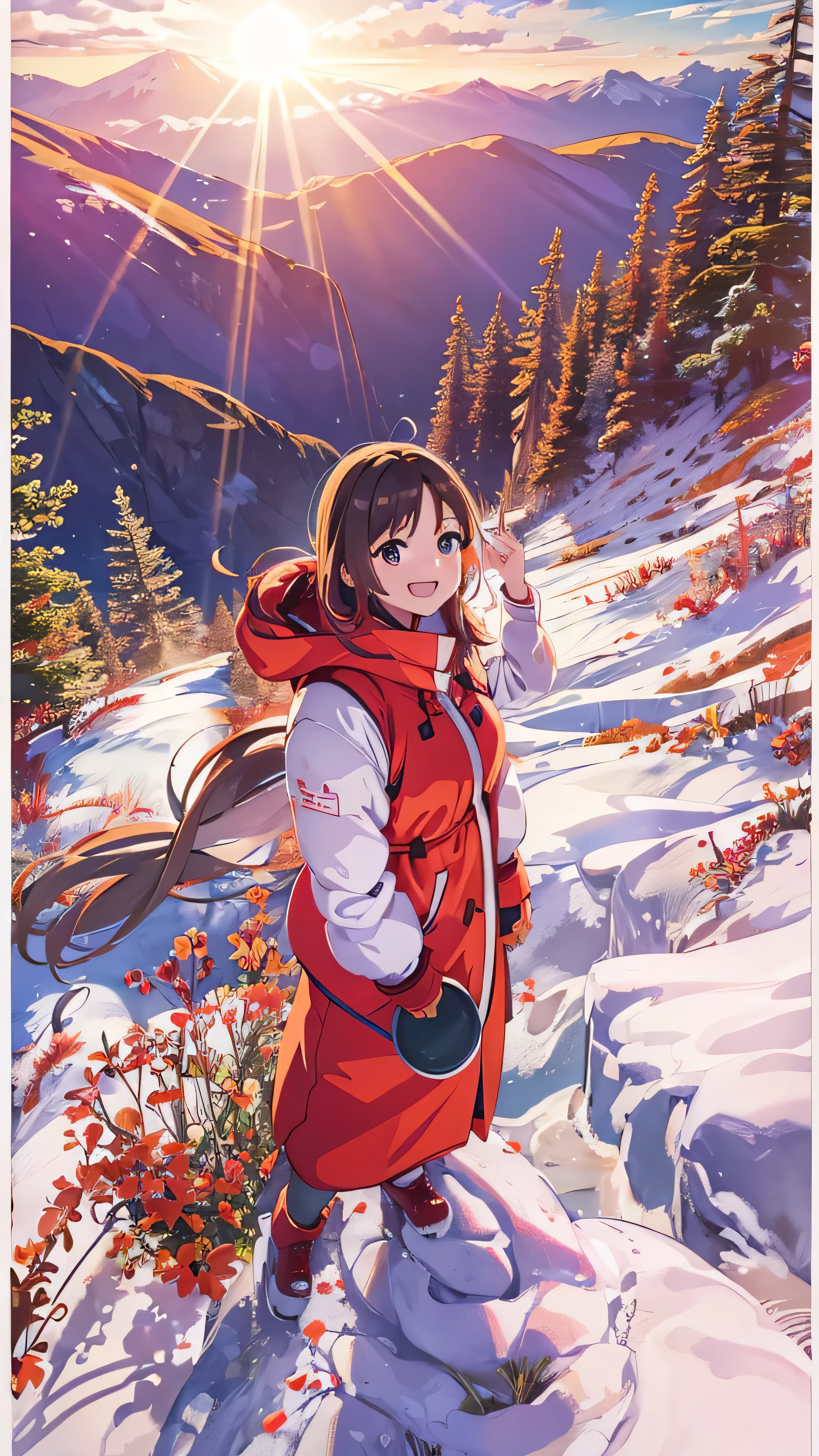  high-definition picture ，Girl in red clothes smiling 、 at the top of a snowy white mountain、Friends。 sun rays 、