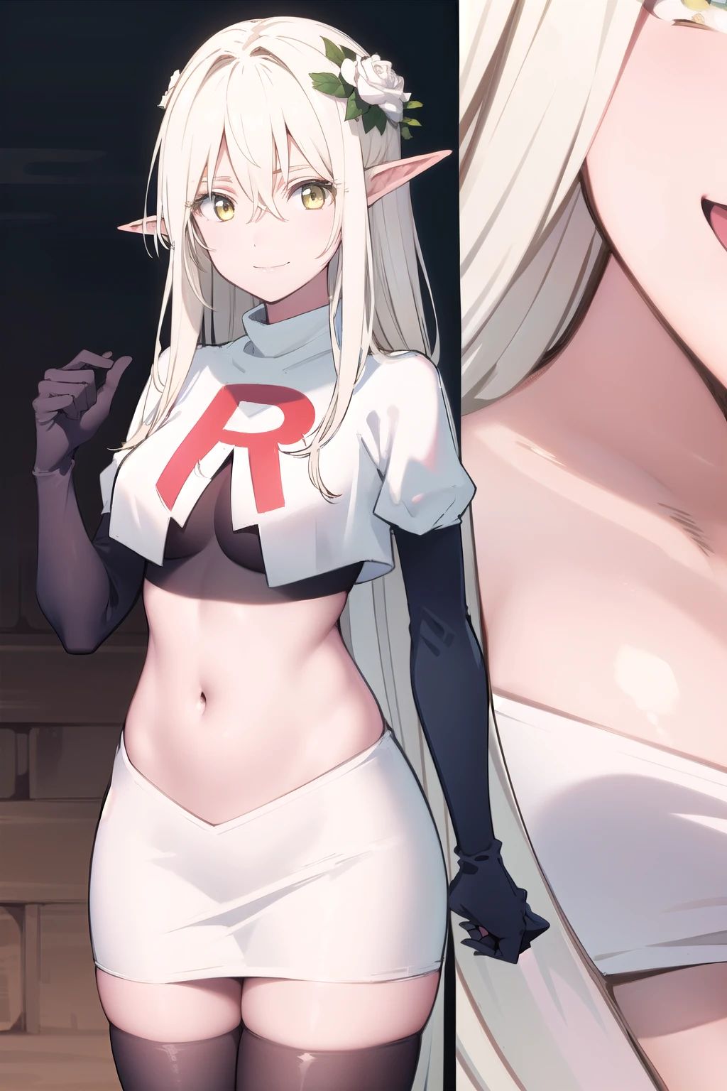 forestprincess, forest princess, long hair, hair ornament, hair between eyes, (yellow eyes:1.3), white hair, flowers, pointy ears, hair flower, rose, hair intakes, elf, smile,
BREAK team rocket,team rocket uniform,white skirt,red letter R,crop top,black thigh-highs,black elbow gloves,
BREAK looking at viewer, (cowboy shot:1.5),
BREAK (masterpiece:1.2), best quality, high resolution, unity 8k wallpaper, (illustration:0.8), (beautiful detailed eyes:1.6), extremely detailed face, perfect lighting, extremely detailed CG, (perfect hands, perfect anatomy),