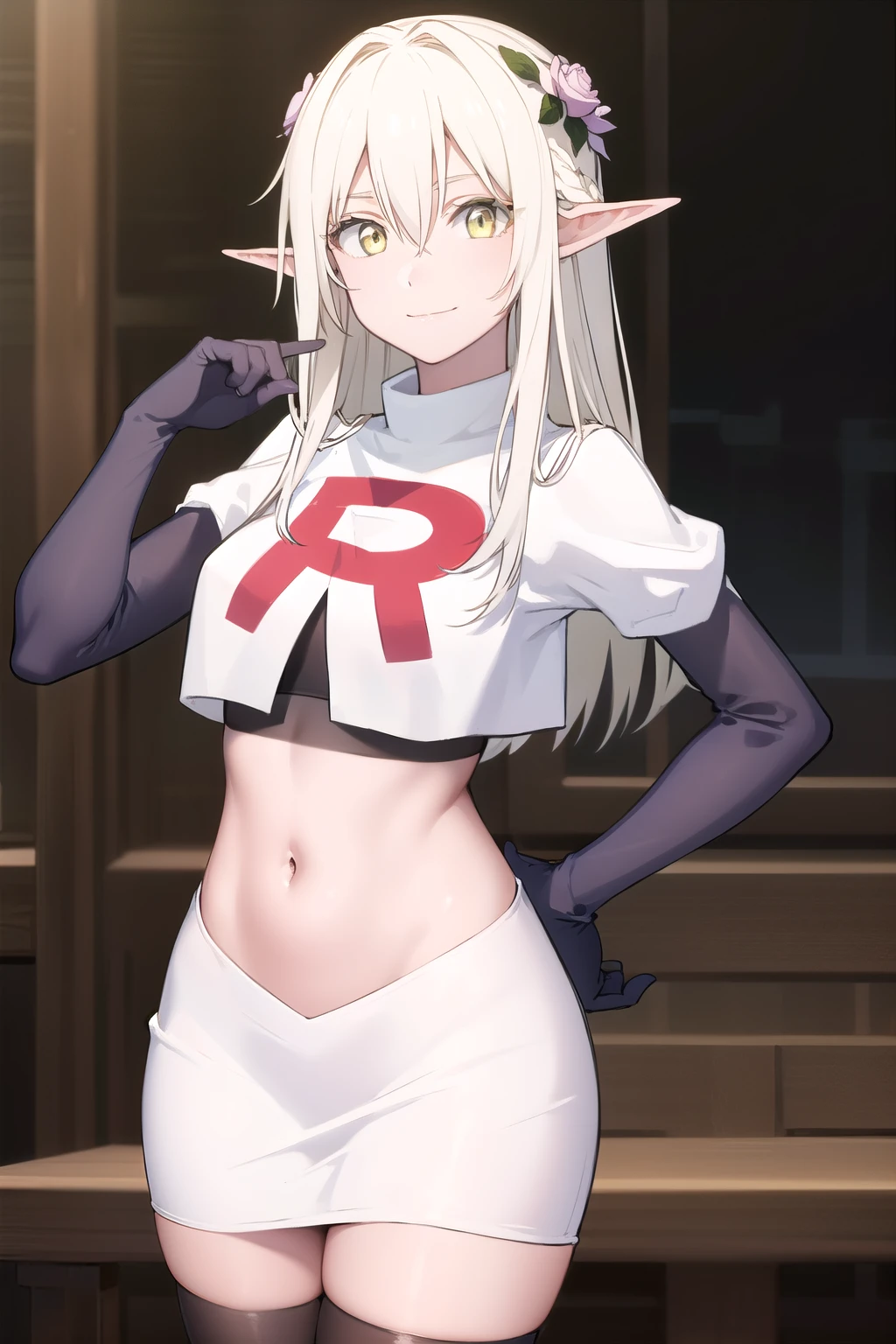 forestprincess, forest princess, long hair, hair ornament, hair between eyes, (yellow eyes:1.3), white hair, flowers, pointy ears, hair flower, rose, hair intakes, elf, smile,
BREAK team rocket,team rocket uniform,white skirt,red letter R,crop top,black thigh-highs,black elbow gloves,
BREAK looking at viewer, (cowboy shot:1.5),
BREAK (masterpiece:1.2), best quality, high resolution, unity 8k wallpaper, (illustration:0.8), (beautiful detailed eyes:1.6), extremely detailed face, perfect lighting, extremely detailed CG, (perfect hands, perfect anatomy),