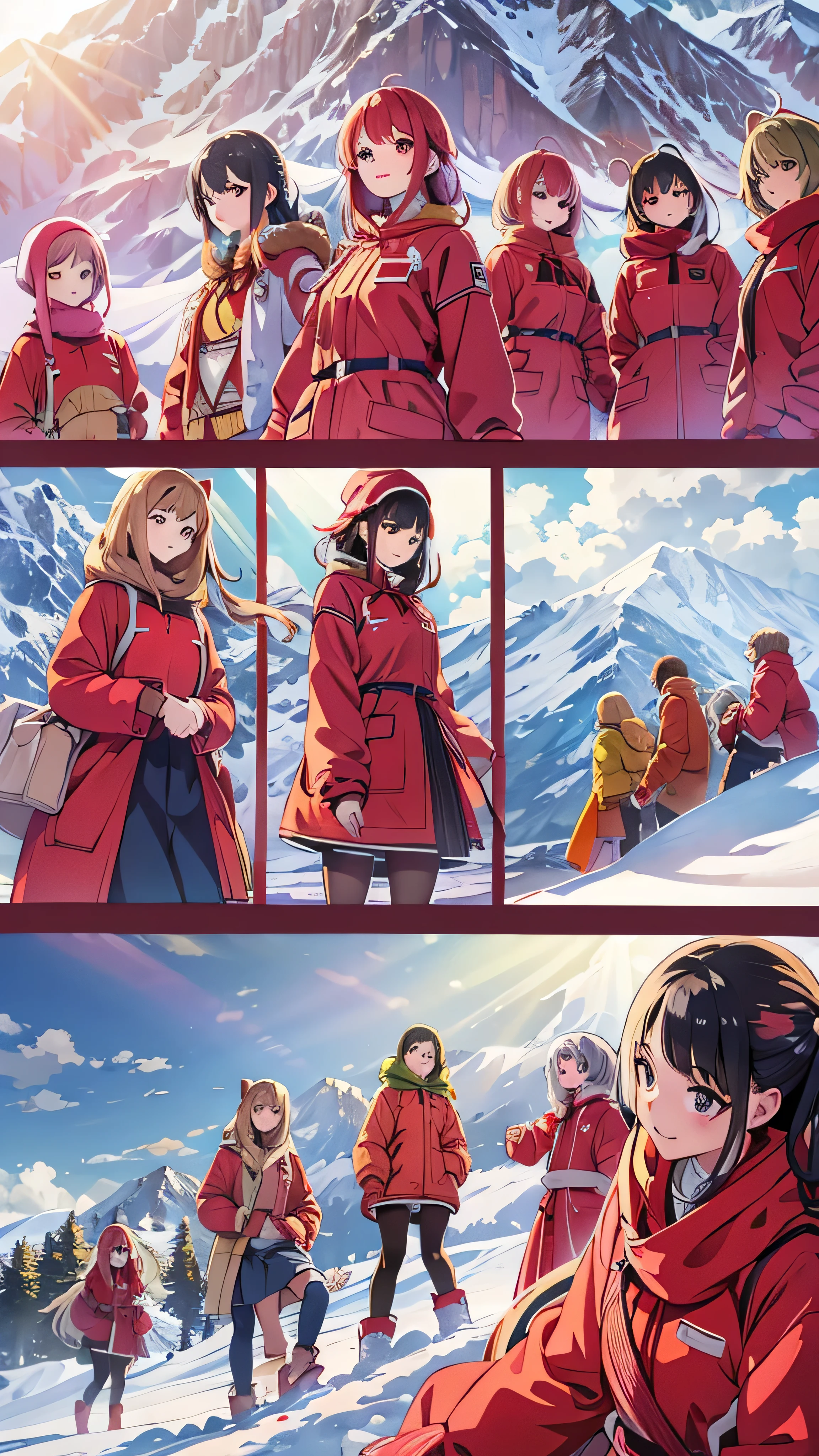  high-definition picture ，Girl in red clothes smiling 、 at the top of a snowy white mountain、Friends。 sun rays 、