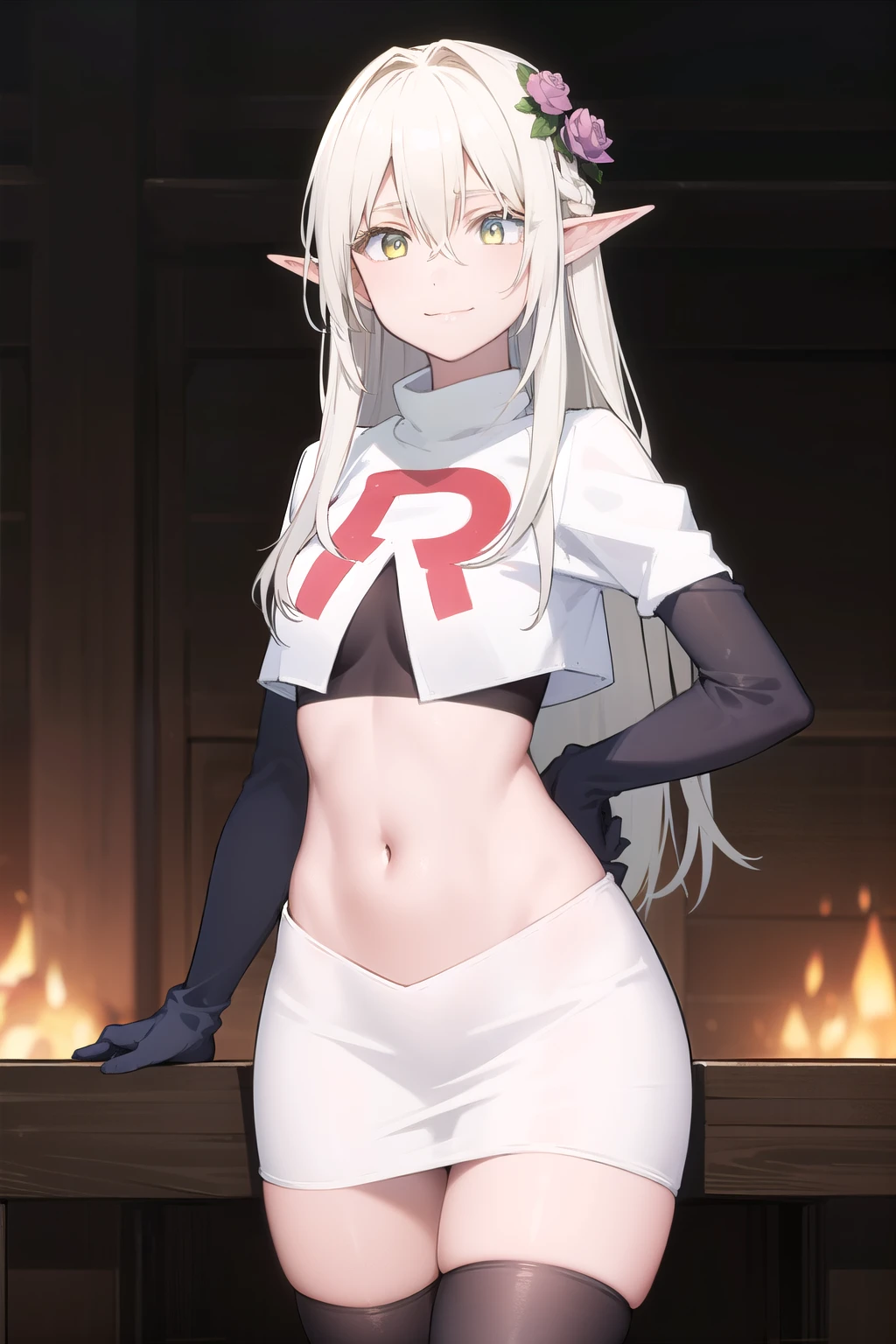 forestprincess, forest princess, long hair, hair ornament, hair between eyes, (yellow eyes:1.3), white hair, flowers, pointy ears, hair flower, rose, hair intakes, elf, smile,
BREAK team rocket,team rocket uniform,white skirt,red letter R,crop top,black thigh-highs,black elbow gloves,
BREAK looking at viewer, (cowboy shot:1.5),
BREAK (masterpiece:1.2), best quality, high resolution, unity 8k wallpaper, (illustration:0.8), (beautiful detailed eyes:1.6), extremely detailed face, perfect lighting, extremely detailed CG, (perfect hands, perfect anatomy),