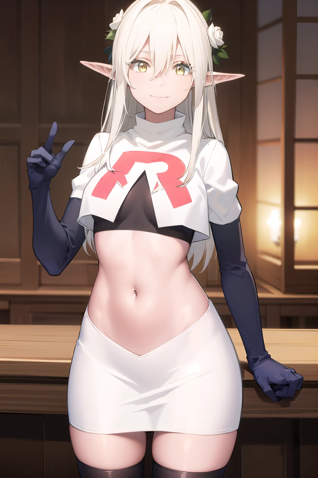 forestprincess, forest princess, long hair, hair ornament, hair between eyes, (yellow eyes:1.3), white hair, flowers, pointy ears, hair flower, rose, hair intakes, elf, smile,
BREAK team rocket,team rocket uniform,white skirt,red letter R,crop top,black thigh-highs,black elbow gloves,
BREAK looking at viewer, (cowboy shot:1.5),
BREAK (masterpiece:1.2), best quality, high resolution, unity 8k wallpaper, (illustration:0.8), (beautiful detailed eyes:1.6), extremely detailed face, perfect lighting, extremely detailed CG, (perfect hands, perfect anatomy),