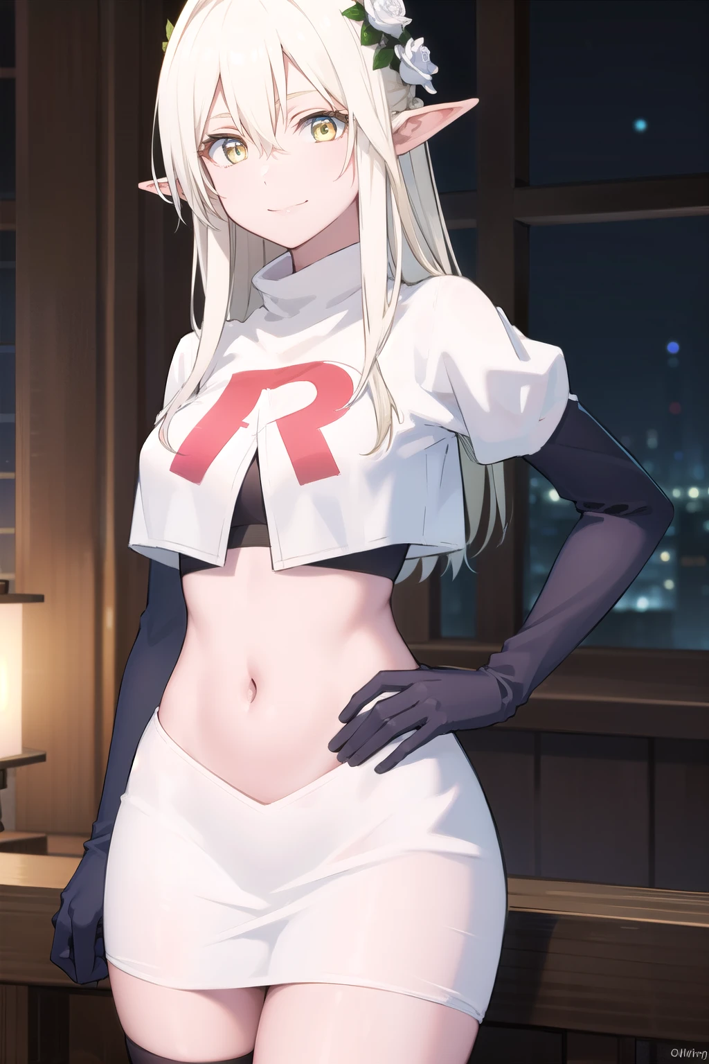 forestprincess, forest princess, long hair, hair ornament, hair between eyes, (yellow eyes:1.3), white hair, flowers, pointy ears, hair flower, rose, hair intakes, elf, smile,
BREAK team rocket,team rocket uniform,white skirt,red letter R,crop top,black thigh-highs,black elbow gloves,
BREAK looking at viewer, (cowboy shot:1.5),
BREAK (masterpiece:1.2), best quality, high resolution, unity 8k wallpaper, (illustration:0.8), (beautiful detailed eyes:1.6), extremely detailed face, perfect lighting, extremely detailed CG, (perfect hands, perfect anatomy),