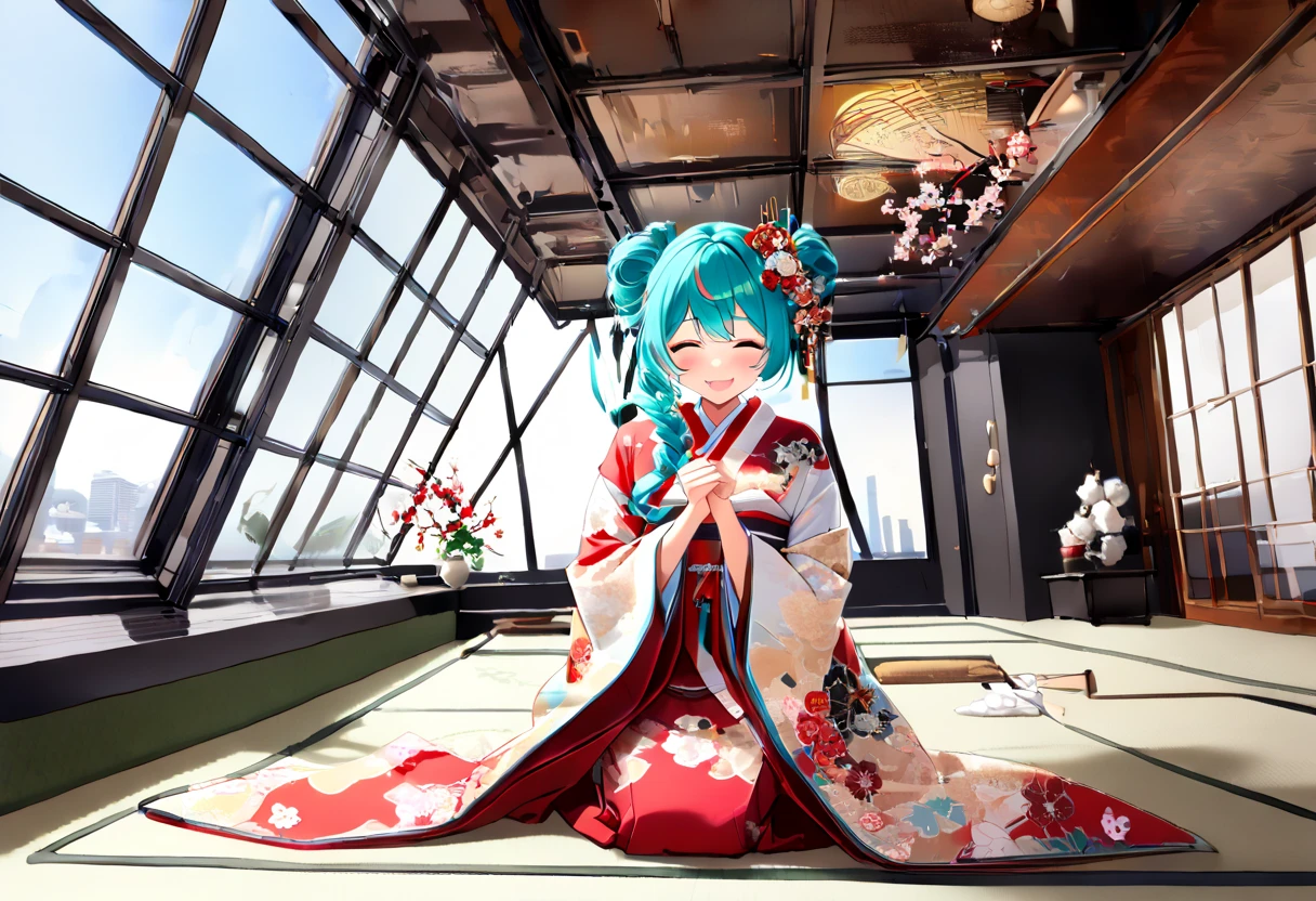 (hatsune miku:1.2), (kimono, wide sleeves, plum blossom pattern:1.4), (kanzashi:1.4), (seiza:1.4), (cowboy shot:1.4), (happy new year:1.4), (luxurious penthouse, indoor rooftop japanese-style room, tatami:1.4), 