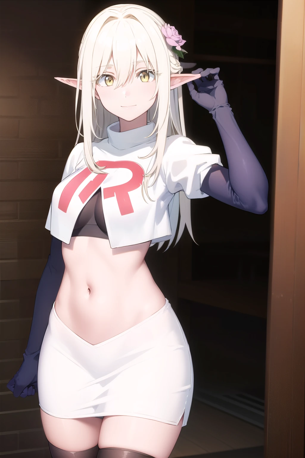 forestprincess, forest princess, long hair, hair ornament, hair between eyes, (yellow eyes:1.3), white hair, flowers, pointy ears, hair flower, rose, hair intakes, elf, smile,
BREAK team rocket,team rocket uniform,white skirt,red letter R,crop top,black thigh-highs,black elbow gloves,
BREAK looking at viewer, (cowboy shot:1.5),
BREAK (masterpiece:1.2), best quality, high resolution, unity 8k wallpaper, (illustration:0.8), (beautiful detailed eyes:1.6), extremely detailed face, perfect lighting, extremely detailed CG, (perfect hands, perfect anatomy),
