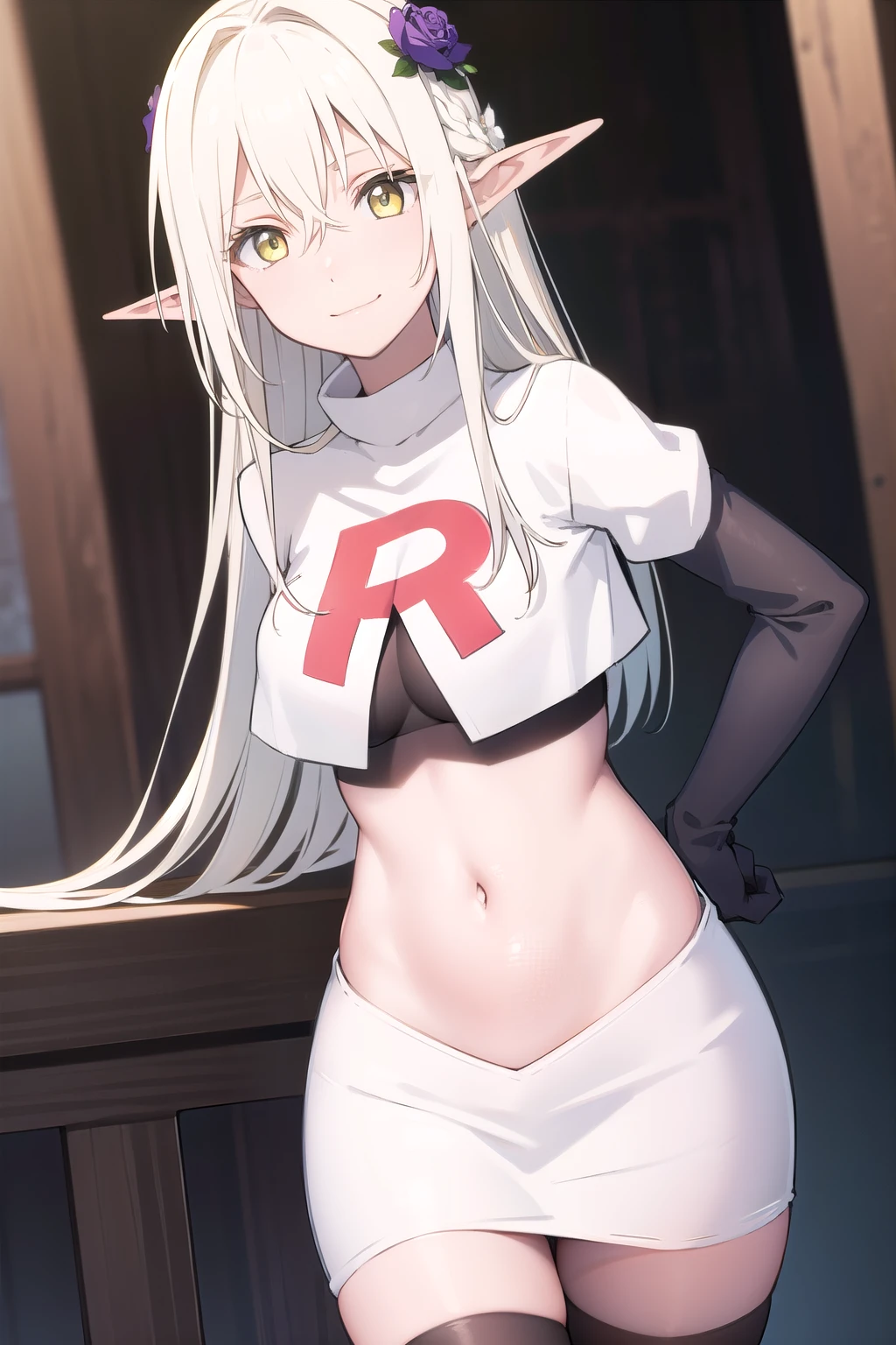 forestprincess, forest princess, long hair, hair ornament, hair between eyes, (yellow eyes:1.3), white hair, flowers, pointy ears, hair flower, rose, hair intakes, elf, smile,
BREAK team rocket,team rocket uniform,white skirt,red letter R,crop top,black thigh-highs,black elbow gloves,
BREAK looking at viewer, (cowboy shot:1.5),
BREAK (masterpiece:1.2), best quality, high resolution, unity 8k wallpaper, (illustration:0.8), (beautiful detailed eyes:1.6), extremely detailed face, perfect lighting, extremely detailed CG, (perfect hands, perfect anatomy),
