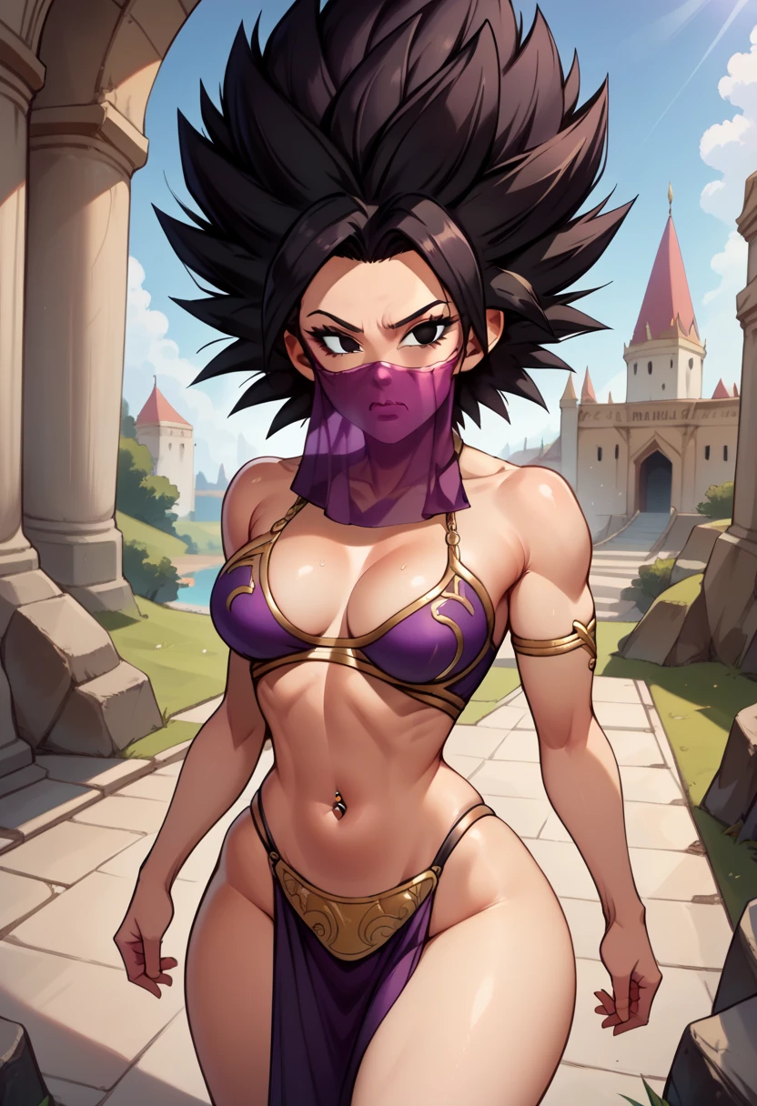 masterpiece,best quality,extreme detail,8k,<lora:kale:0.8>,kale2, 1girl, solo, long hair, breasts, looking at viewer, black hair, thighhighs, bare shoulders, jewelry, medium breasts, green eyes, ponytail, ass, earrings, choker, looking back, black thighhighs, from behind, bracelet, leotard, highleg, black choker, black leotard, armlet, highleg leotard, hoop earrings, thong leotard