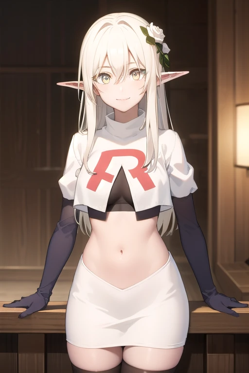 forestprincess, forest princess, long hair, hair ornament, hair between eyes, (yellow eyes:1.3), white hair, flowers, pointy ears, hair flower, rose, hair intakes, elf, smile,
BREAK team rocket,team rocket uniform,white skirt,red letter R,crop top,black thigh-highs,black elbow gloves,
BREAK looking at viewer, (cowboy shot:1.5),
BREAK (masterpiece:1.2), best quality, high resolution, unity 8k wallpaper, (illustration:0.8), (beautiful detailed eyes:1.6), extremely detailed face, perfect lighting, extremely detailed CG, (perfect hands, perfect anatomy),