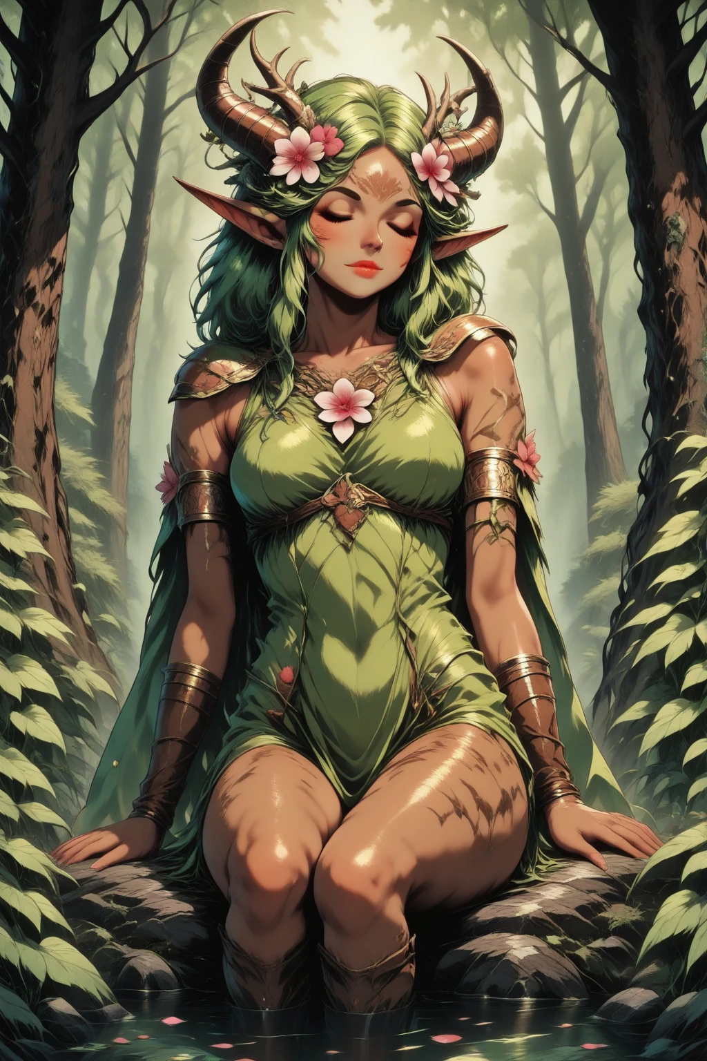  top quality , classical media,  masterpiece fails,  1girl, faun , satire, Dryad-NatureThemeV1 dryad,  nature(topic) tree, sheet,  nature, flower, Pointed ears, bark skin, bark, dryad,  nature(topic) treeen skin, bark skin, bark, dryad,  nature(topic), tree