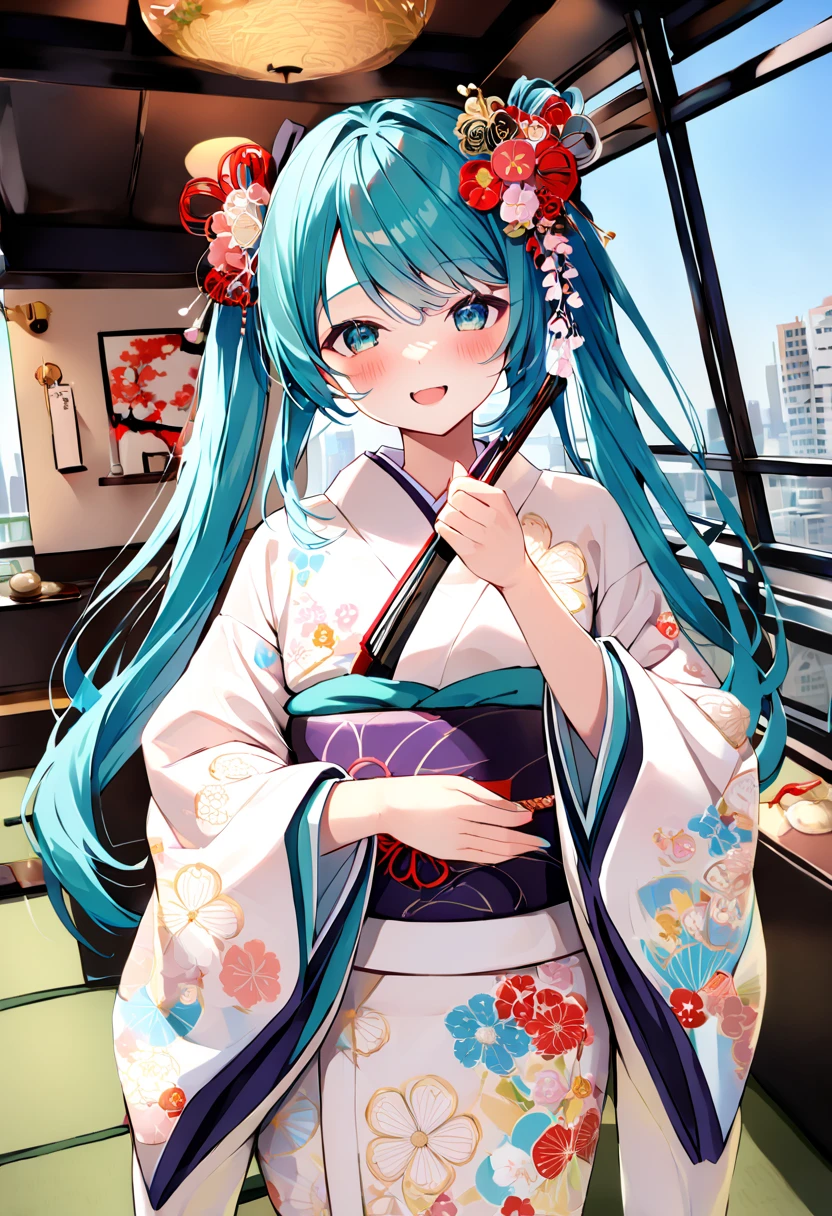 (hatsune miku:1.2), (kimono, wide sleeves, plum blossom pattern:1.4), (kanzashi:1.4), (:1.4), (cowboy shot:1.4), (take bow:1.4), (luxurious penthouse, indoor rooftop japanese-style room, tatami:1.4), 