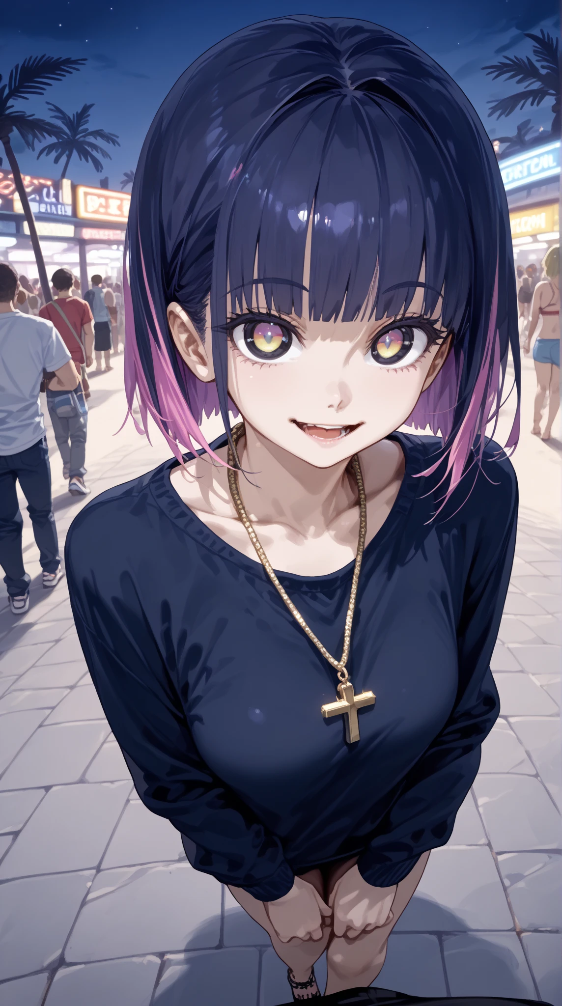 ( golden necklace :1.2), The male is grabbing the  girl 's shoulder,  third person view,  girl , (male, intercourse with a male:1.3),   heterosexual, (Cross-eyed,  girl  with sexual orgasm,  open your mouth,   heavy breathing:1.2),  steam, Humidity,  cute beautiful woman with perfect eyes ,  colorful hair ,
 Resort Beach ,  palm tree,  sandy beach, crowd:1.8, 踊るcrowd、
BREAK BEHIND SIDE FROM FUCTION , sideview, EXTRA WIDE ANGLE ,  full body,
  high resolution ,  ultra detail,  top quality ,  illustration of sexual activity , ( Seductive Smile :1.3)、( hides all sexual parts :1.6)、 is standing,from side、((night:1.5,  MOONLIGHT AND NEON LIGHT 、Night Party))