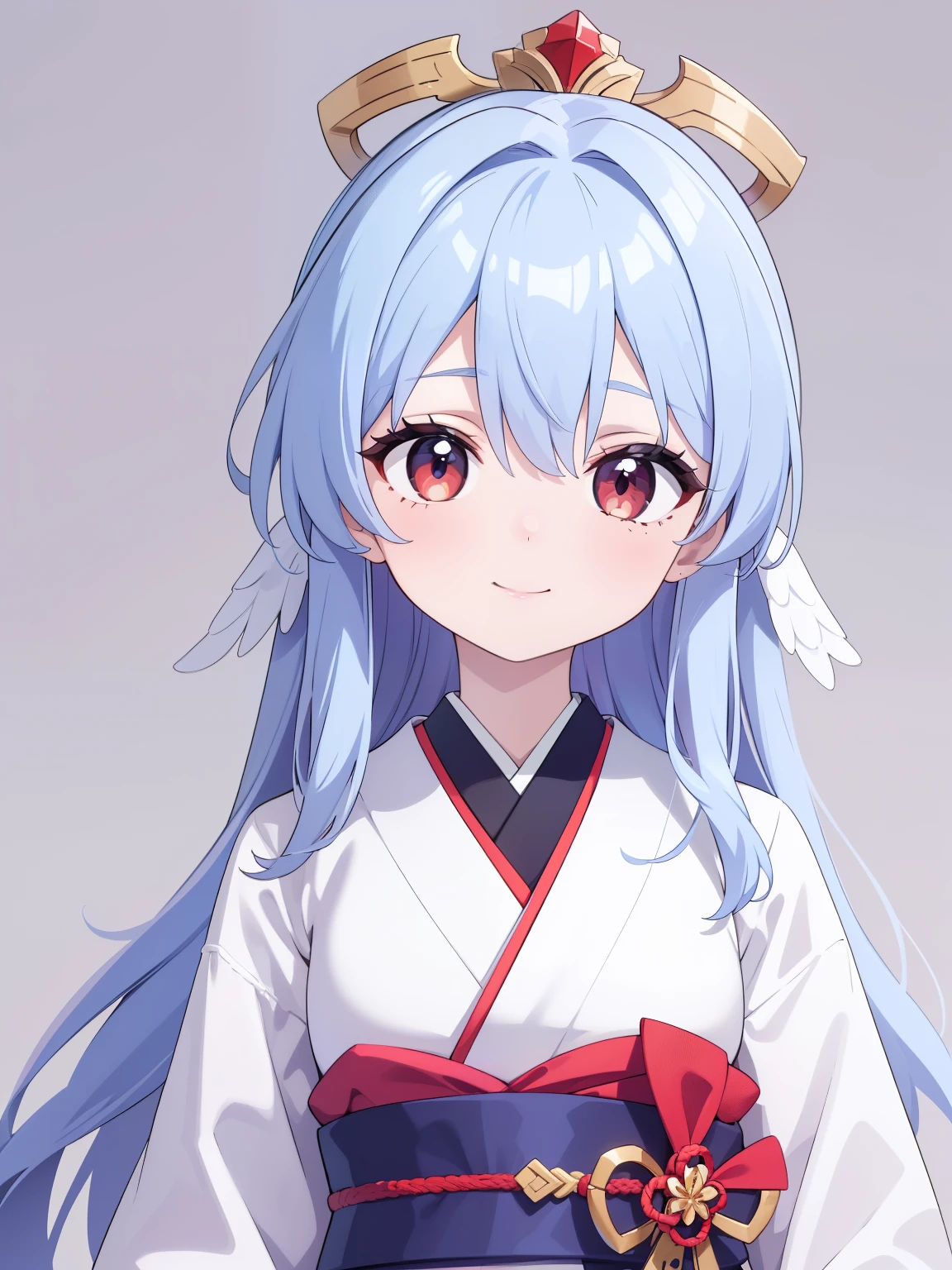 (high-quality, breathtaking),(expressive eyes, perfect face) 1girl, female, solo, black color hair, red streaks in hair, crimson red eye color, very long hair length, Symmetrical Eyes, portrait, upper body, soft expression, accessories, jewellery, half open eyes, cute smile, gentle, mikofa, head wings, black sash, red ribbon, ghostly pale white skin, shrine maiden, japanese, grey background, short height, young face, kimono, pure white kimono, red trim, shirt tug, facing viewer, long sleeves