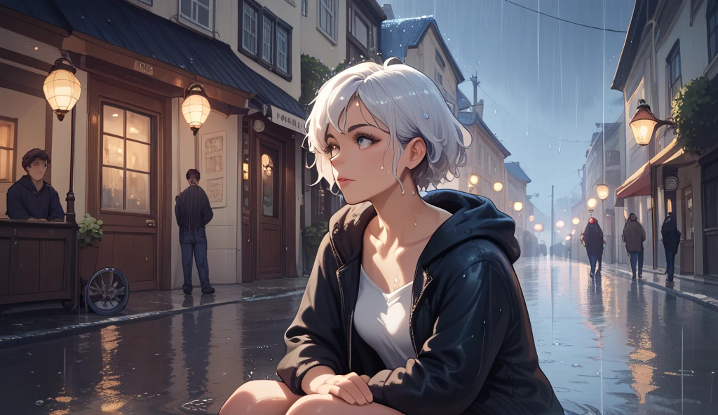  One with short white hair is sitting looking forward watching the rain fall
(It's nighttime with the streetlights illuminating the wet streets )

