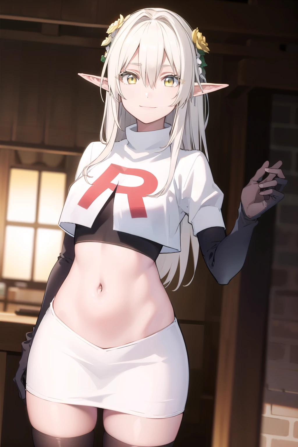 forestprincess, forest princess, long hair, hair ornament, hair between eyes, (yellow eyes:1.3), white hair, flowers, pointy ears, hair flower, rose, hair intakes, elf, smile,
BREAK team rocket,team rocket uniform,white skirt,red letter R,crop top,black thigh-highs,black elbow gloves,
BREAK looking at viewer, (cowboy shot:1.5),
BREAK (masterpiece:1.2), best quality, high resolution, unity 8k wallpaper, (illustration:0.8), (beautiful detailed eyes:1.6), extremely detailed face, perfect lighting, extremely detailed CG, (perfect hands, perfect anatomy),