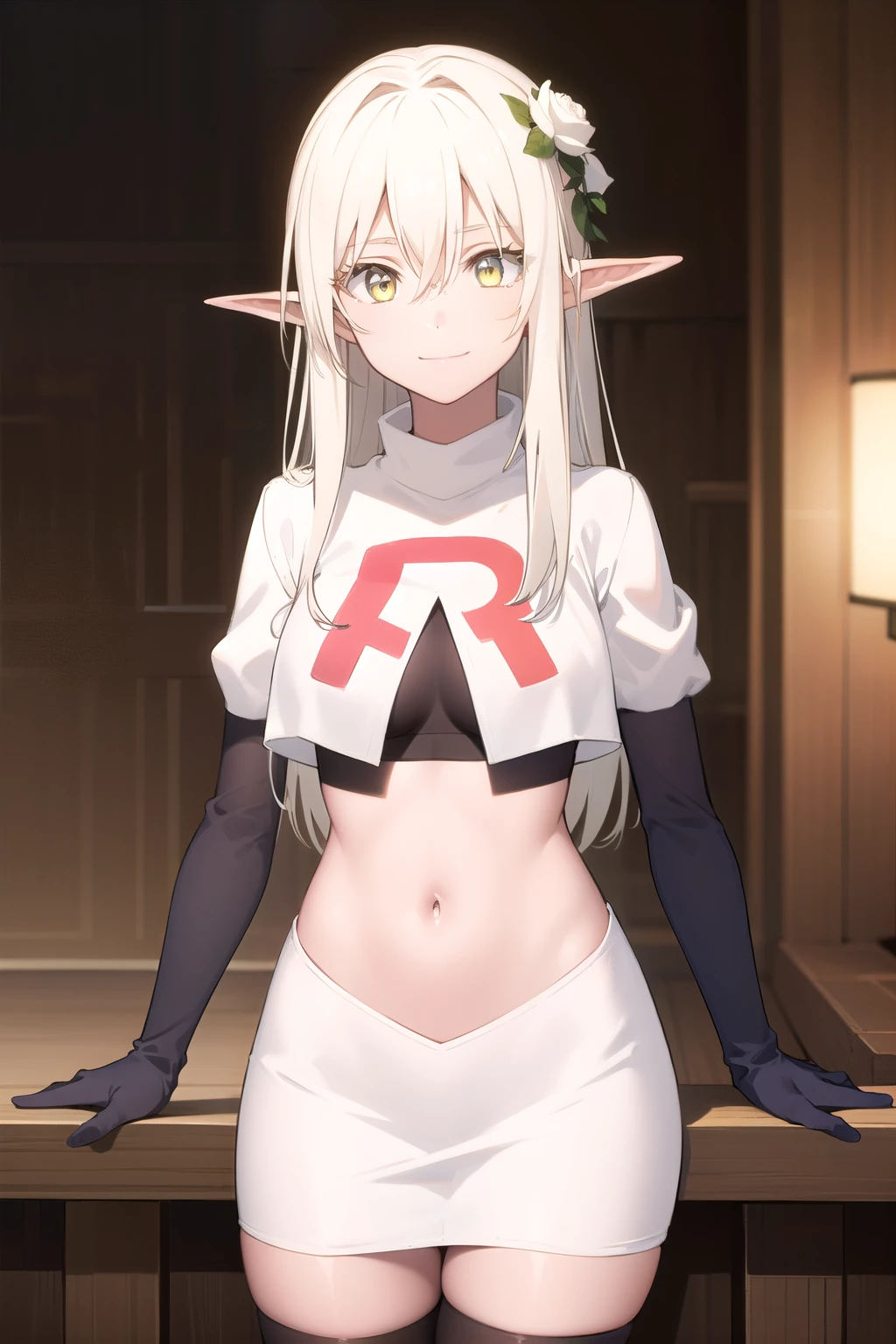 forestprincess, forest princess, long hair, hair ornament, hair between eyes, (yellow eyes:1.3), white hair, flowers, pointy ears, hair flower, rose, hair intakes, elf, smile,
BREAK team rocket,team rocket uniform,white skirt,red letter R,crop top,black thigh-highs,black elbow gloves,
BREAK looking at viewer, (cowboy shot:1.5),
BREAK (masterpiece:1.2), best quality, high resolution, unity 8k wallpaper, (illustration:0.8), (beautiful detailed eyes:1.6), extremely detailed face, perfect lighting, extremely detailed CG, (perfect hands, perfect anatomy),