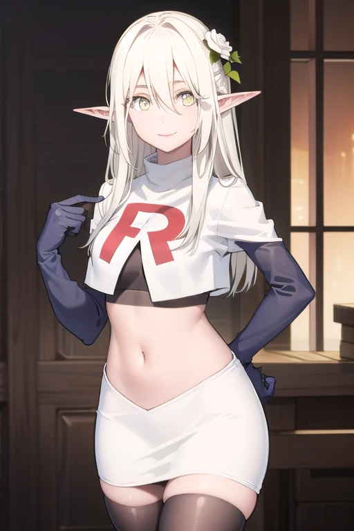 forestprincess, forest princess, long hair, hair ornament, hair between eyes, (yellow eyes:1.3), white hair, flowers, pointy ears, hair flower, rose, hair intakes, elf, smile,
BREAK team rocket,team rocket uniform,white skirt,red letter R,crop top,black thigh-highs,black elbow gloves,
BREAK looking at viewer, (cowboy shot:1.5),
BREAK (masterpiece:1.2), best quality, high resolution, unity 8k wallpaper, (illustration:0.8), (beautiful detailed eyes:1.6), extremely detailed face, perfect lighting, extremely detailed CG, (perfect hands, perfect anatomy),