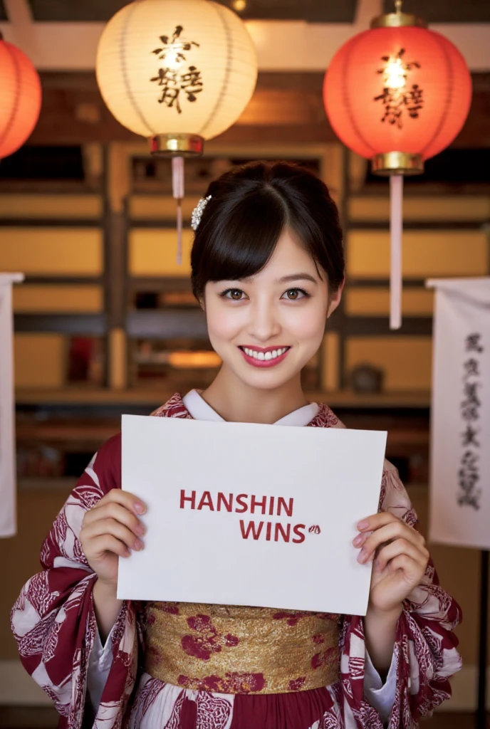 woman,  kimono,  hair ornament, smile,womanが看板を持っている画像 "Hanshin wins"
background, sunset, shrine, Lantern, wishing wall , paper bill ,  written letters on a paper bill「Hanshin wins」, Vibrant colors