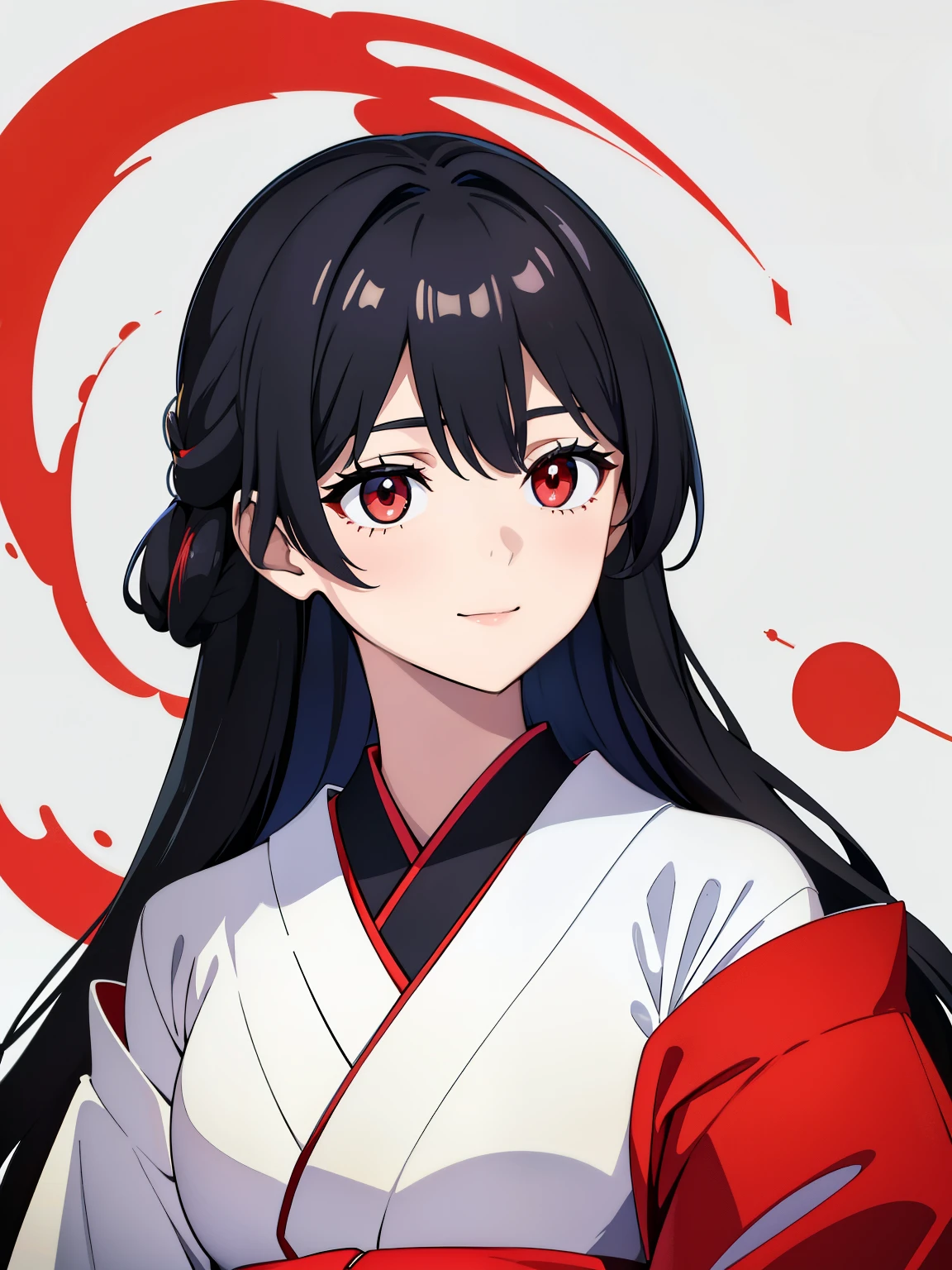 (high-quality, breathtaking),(expressive eyes, perfect face) 1girl, female, solo, black color hair, red streaks in hair, crimson red eye color, very long hair length, Symmetrical Eyes, portrait, upper body, soft expression, accessories, jewellery, half open eyes, cute smile, gentle, mikofa, head wings, black sash, red ribbon, ghostly pale white skin, shrine maiden, japanese, grey background, short height, young face, kimono, pure white kimono, red trim, shirt tug, facing viewer, long sleeves