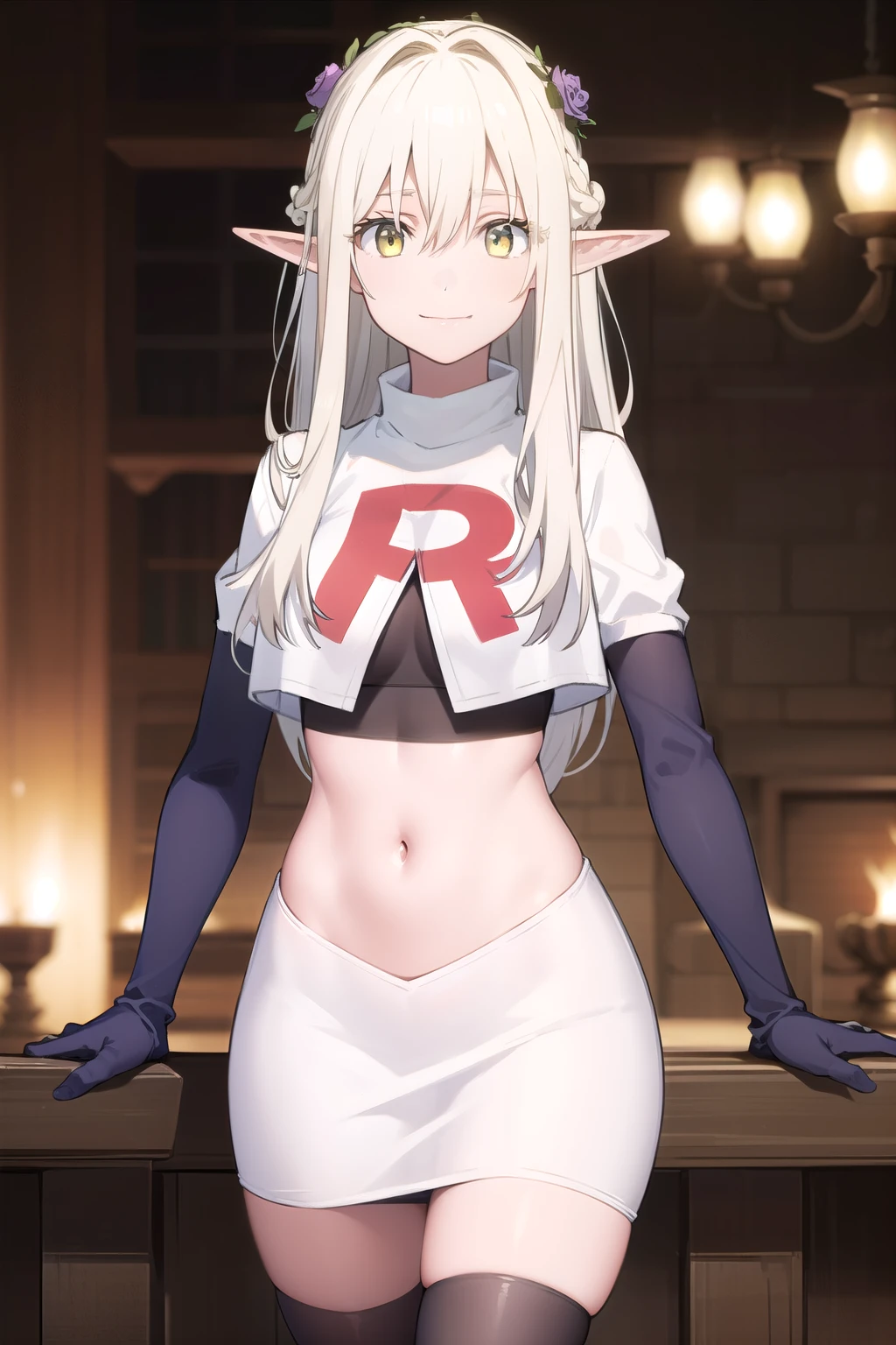 forestprincess, forest princess, long hair, hair ornament, hair between eyes, (yellow eyes:1.3), white hair, flowers, pointy ears, hair flower, rose, hair intakes, elf, smile,
BREAK team rocket,team rocket uniform,white skirt,red letter R,crop top,black thigh-highs,black elbow gloves,
BREAK looking at viewer, (cowboy shot:1.5),
BREAK (masterpiece:1.2), best quality, high resolution, unity 8k wallpaper, (illustration:0.8), (beautiful detailed eyes:1.6), extremely detailed face, perfect lighting, extremely detailed CG, (perfect hands, perfect anatomy),