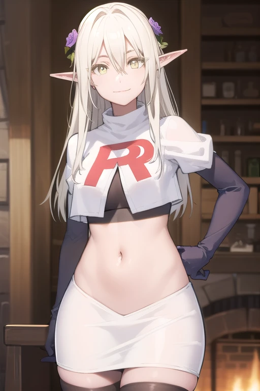 forestprincess, forest princess, long hair, hair ornament, hair between eyes, (yellow eyes:1.3), white hair, flowers, pointy ears, hair flower, rose, hair intakes, elf, smile,
BREAK team rocket,team rocket uniform,white skirt,red letter R,crop top,black thigh-highs,black elbow gloves,
BREAK looking at viewer, (cowboy shot:1.5),
BREAK (masterpiece:1.2), best quality, high resolution, unity 8k wallpaper, (illustration:0.8), (beautiful detailed eyes:1.6), extremely detailed face, perfect lighting, extremely detailed CG, (perfect hands, perfect anatomy),