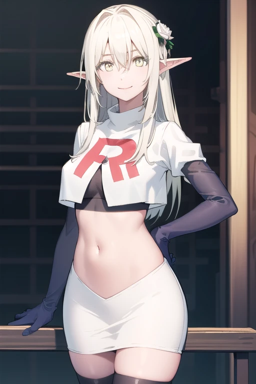 forestprincess, forest princess, long hair, hair ornament, hair between eyes, (yellow eyes:1.3), white hair, flowers, pointy ears, hair flower, rose, hair intakes, elf, smile,
BREAK team rocket,team rocket uniform,white skirt,red letter R,crop top,black thigh-highs,black elbow gloves,
BREAK looking at viewer, (cowboy shot:1.5),
BREAK (masterpiece:1.2), best quality, high resolution, unity 8k wallpaper, (illustration:0.8), (beautiful detailed eyes:1.6), extremely detailed face, perfect lighting, extremely detailed CG, (perfect hands, perfect anatomy),