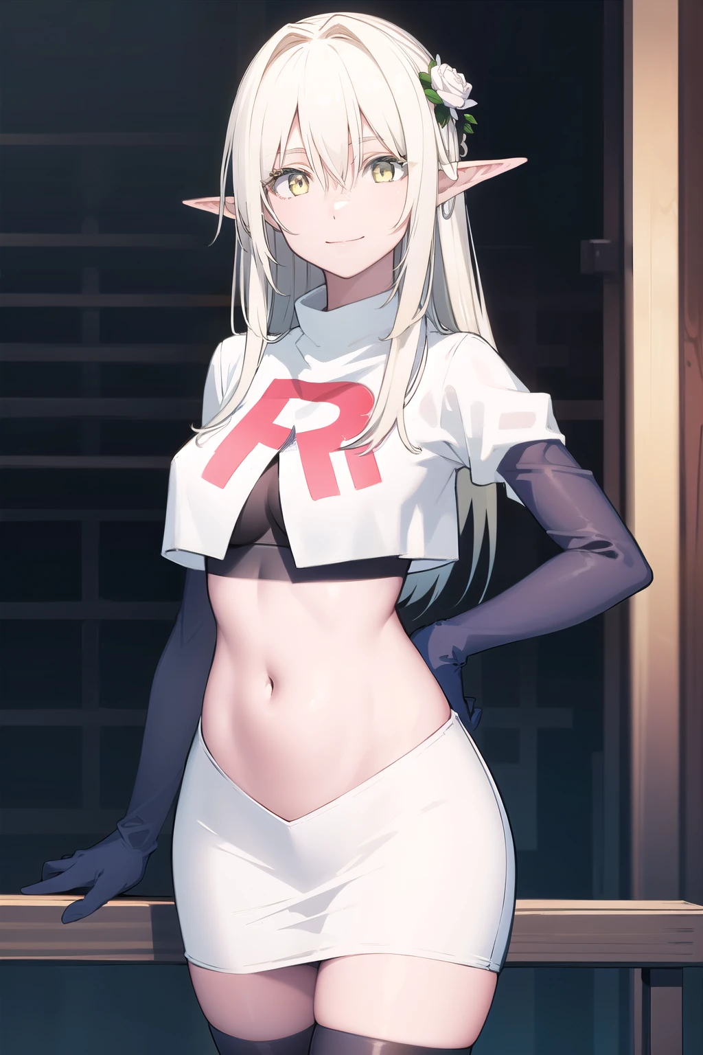 forestprincess, forest princess, long hair, hair ornament, hair between eyes, (yellow eyes:1.3), white hair, flowers, pointy ears, hair flower, rose, hair intakes, elf, smile,
BREAK team rocket,team rocket uniform,white skirt,red letter R,crop top,black thigh-highs,black elbow gloves,
BREAK looking at viewer, (cowboy shot:1.5),
BREAK (masterpiece:1.2), best quality, high resolution, unity 8k wallpaper, (illustration:0.8), (beautiful detailed eyes:1.6), extremely detailed face, perfect lighting, extremely detailed CG, (perfect hands, perfect anatomy),