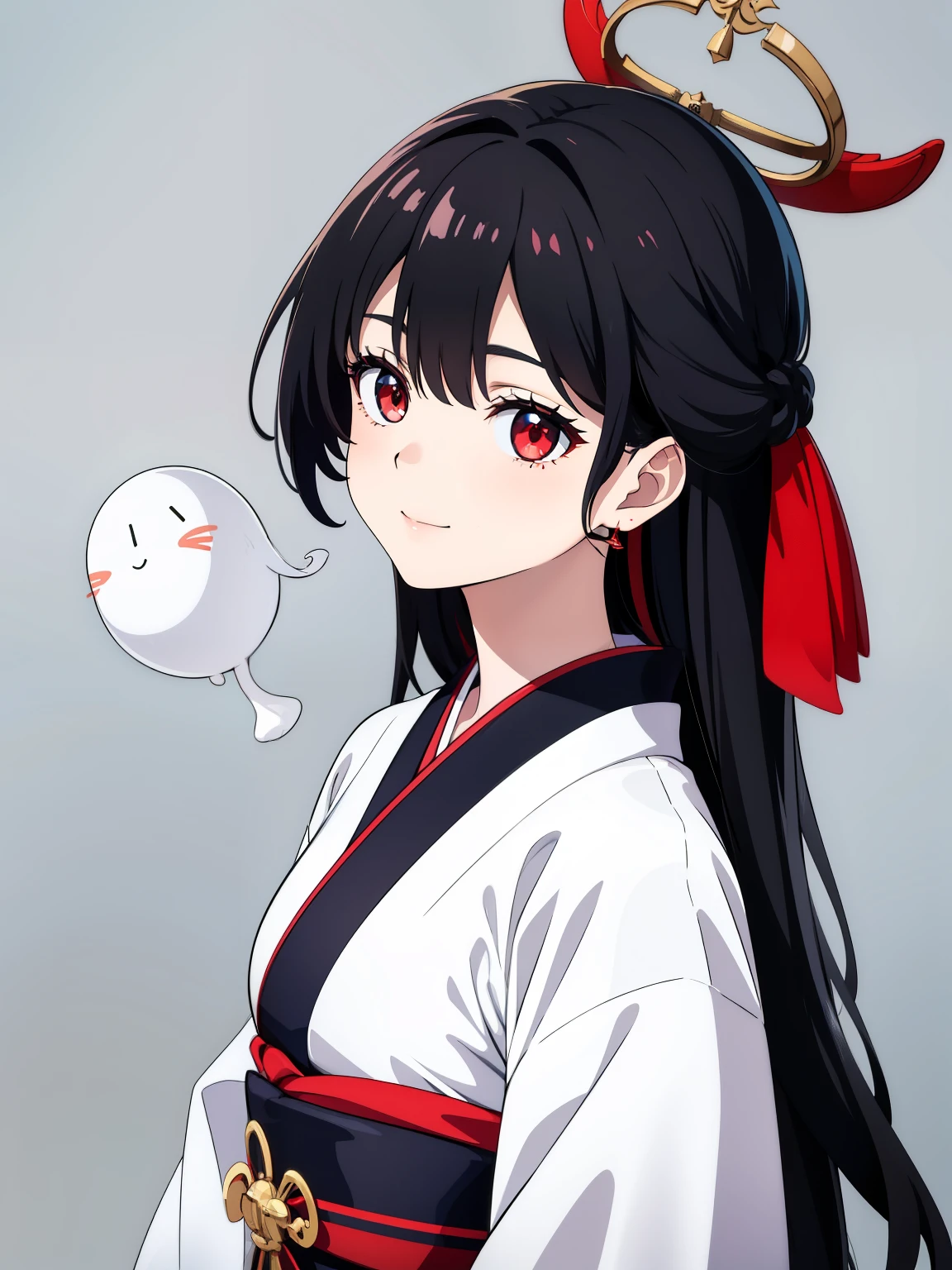 (high-quality, breathtaking),(expressive eyes, perfect face) 1girl, female, solo, black color hair, red streaks in hair, crimson red eye color, very long hair length, Symmetrical Eyes, portrait, upper body, soft expression, accessories, jewellery, half open eyes, cute smile, gentle, mikofa, head wings, black sash, red ribbon, ghostly pale white skin, shrine maiden, japanese, grey background, short height, young face, kimono, pure white kimono, red trim, shirt tug, facing viewer, long sleeves
