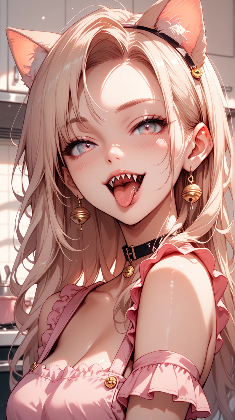 Beautiful anime girl , 20 years old, long hair, bangs pointy ears, horns, seductive.