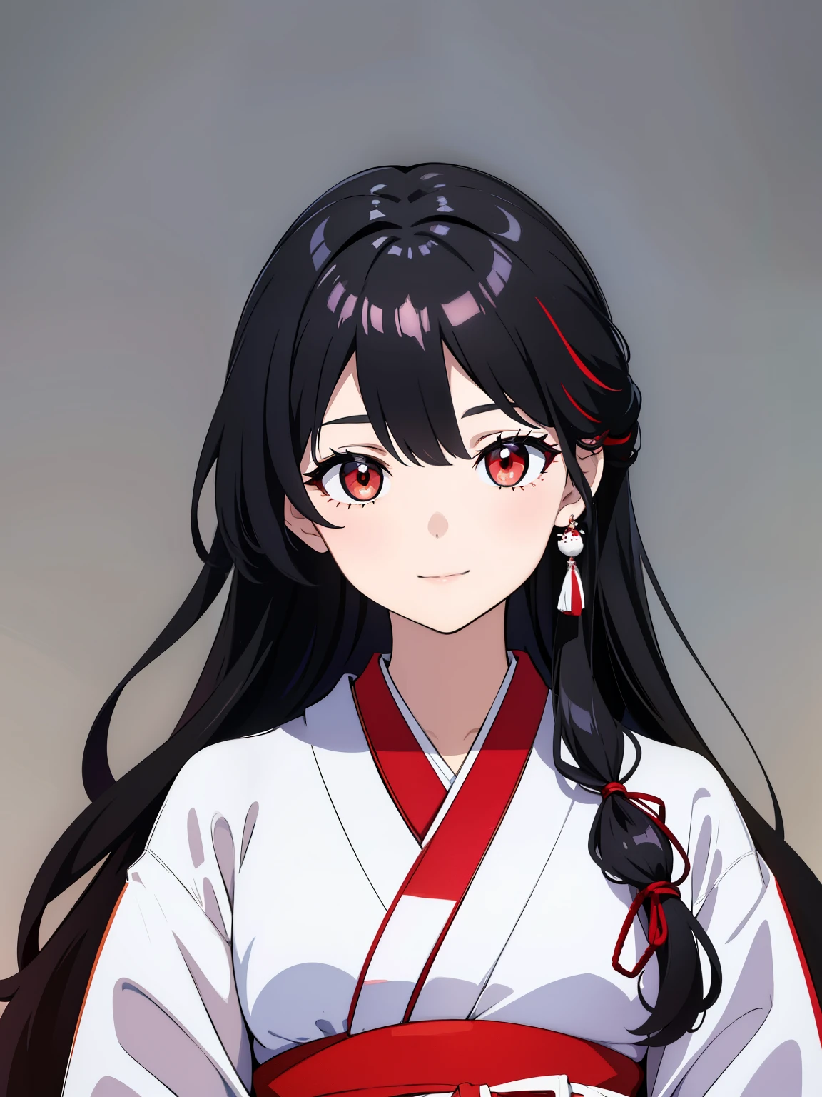 (high-quality, breathtaking),(expressive eyes, perfect face) 1girl, female, solo, black color hair, red streaks in hair, crimson red eye color, very long hair length, Symmetrical Eyes, portrait, upper body, soft expression, accessories, jewellery, half open eyes, cute smile, gentle, mikofa, head wings, black sash, red ribbon, ghostly pale white skin, shrine maiden, japanese, grey background, short height, young face, kimono, pure white kimono, red trim, shirt tug, facing viewer, long sleeves