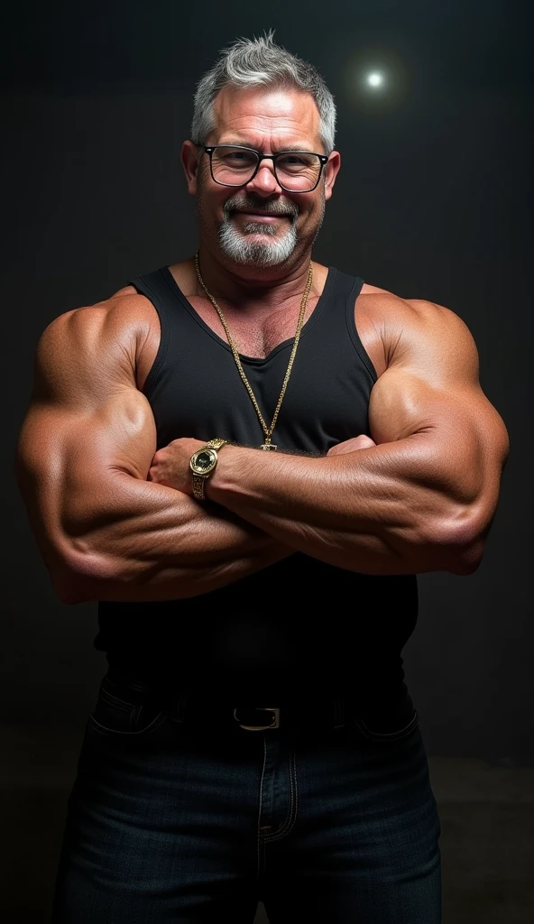 Wild muscle man, (40 year old dad:1.1), Chico 1, alone, Grey Hair (Black wife beater), (Big shoulders), Muscle tissue, Nargon, Stubble, Short Beard, Cute eyes:1.3, ), (Detailed face:1.3), Wearing glasses, smile, Dynamic Angle, Volumetric lighting, (Highest quality, High resolution, Realistic), Cinema Lighting, masterpiece, Raw photo, Intricate details, High resolution, whole body, Tight jeans ,Cross your arms、Gold Necklace、Gold Bracelet、Huge pectoral muscles、Giant Arms、glare、darkness