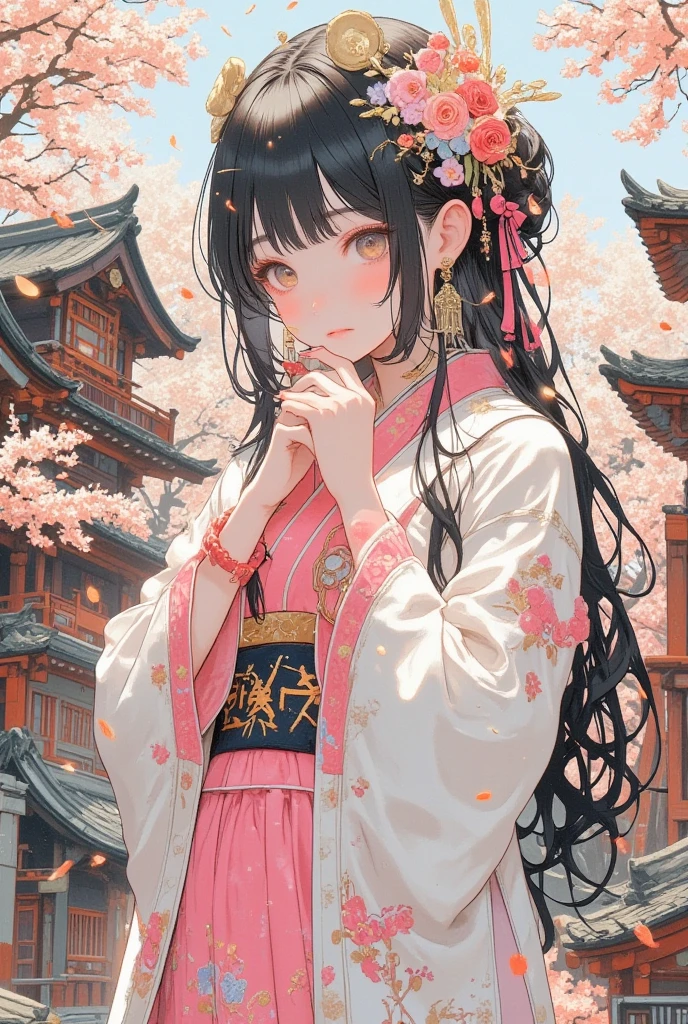 It says "Happy New Year 2025.", cool beauty, wearing pink and white Japanese shrine maiden costume, bowing with her hands on her stomach, set against a background of typically Japanese scenery and accessories, iridescent glitter gold dust flying about, ultra detailed, absolutely resolution, masterpiece