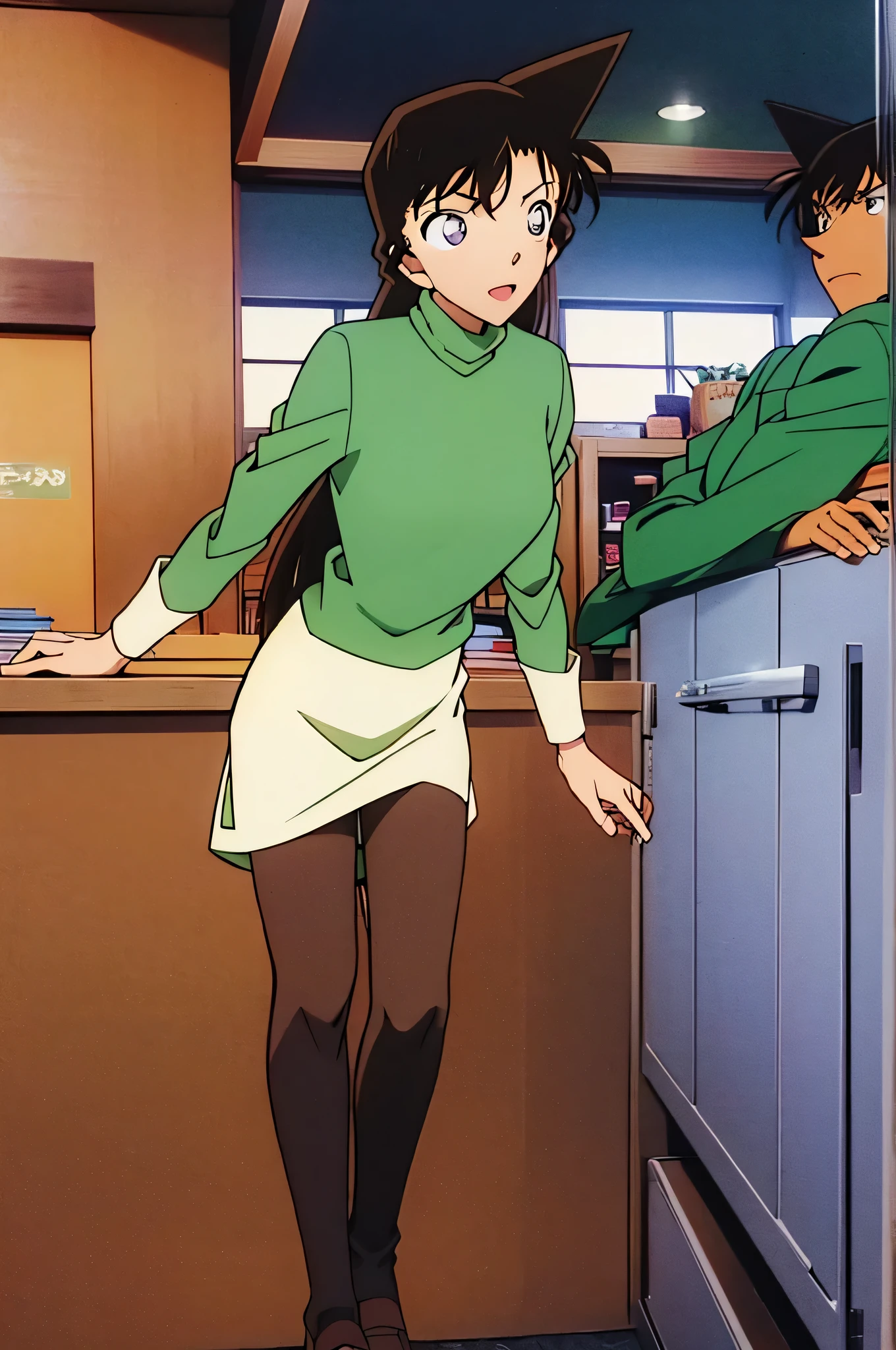 1girl、{{{mouri ran}}}, {{{meitanntei conan}}}, {{{long hair}}}, {{{official style}}}, {{{adult}}}, tight green dress (turtleneck, simple, long sleeves) 、 （light green cropped short jacket）, green socks,kitchen,bringing upper body to the sink, open, leaning forward, emphasizing the buttocks, butt to the front