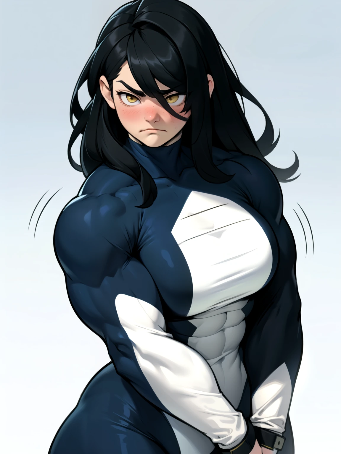 wide hips curvy thick thighs voluptuous large breasts muscular toned body black hair pale skin yellow eyes skintight suit expressionless sad thick thick thick very long hair