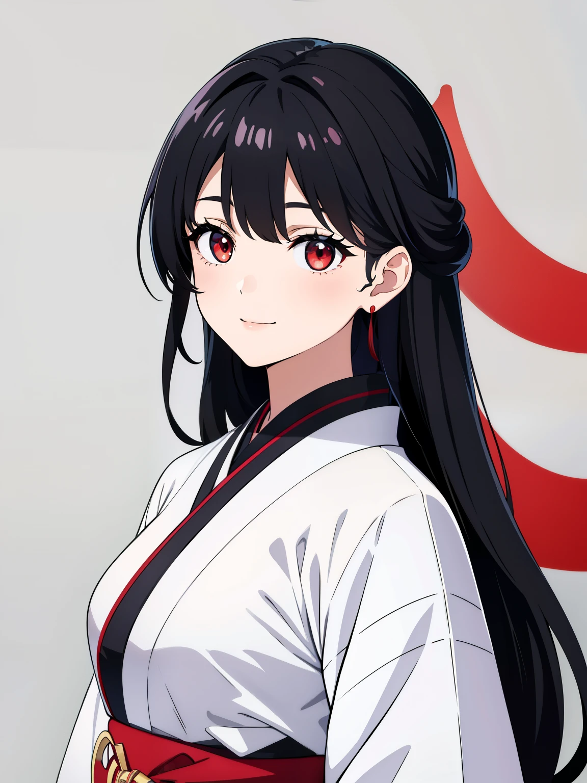 (high-quality, breathtaking),(expressive eyes, perfect face) 1girl, female, solo, black color hair, red streaks in hair, crimson red eye color, very long hair length, Symmetrical Eyes, portrait, upper body, soft expression, accessories, jewellery, half open eyes, cute smile, gentle, mikofa, head wings, black sash, red ribbon, pale white skin, shrine maiden, japanese, grey background, short height, young face, kimono, pure white kimono, red trim, shirt tug, facing viewer, long sleeves
