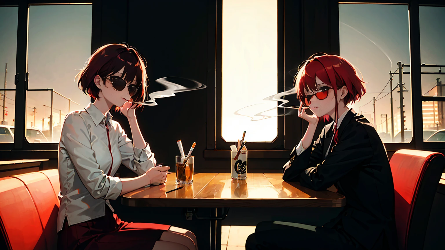 beautiful asian girl with red hair sitting in a diner at night, seen through a window, perfect face, sunglasses, smoking a white tailor made cigarette, NeonNoir, (backlit: 1.1), hard shadow, masterpiece, best quality, Intricate, modelshoot style, vintage, film grain, Incomplete details