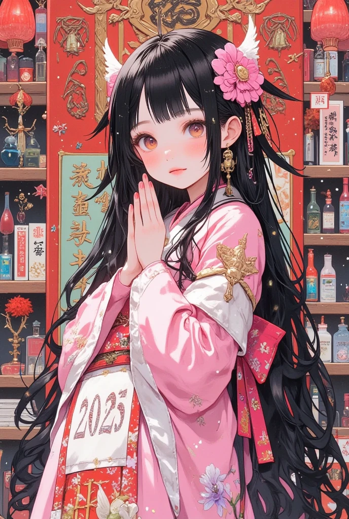 The image has "Happy New Year 2025" written in large letters, cool beauty, wearing pink and white Japanese shrine maiden costume, bowing with her hands on her stomach, set against a background of typically Japanese scenery and accessories, iridescent glitter gold dust flying about, ultra detailed, absolutely resolution, masterpiece