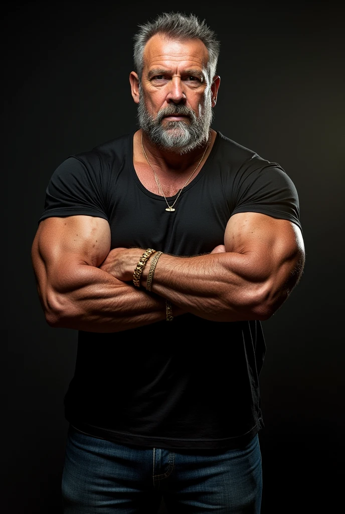 Wild muscle man, (60 year old dad:1.1), Chico 1, alone, Grey Hair (Black wife beater), (Big shoulders), Muscle tissue, Nargon, Stubble, Short Beard, Cute eyes:1.3, ), (Detailed face:1.3), Wearing glasses, smile, Dynamic Angle, Volumetric lighting, (Highest quality, High resolution, Realistic), Cinema Lighting, masterpiece, Raw photo, Intricate details, High resolution, whole body, Tight jeans ,Cross your arms、Gold Necklace、Gold Bracelet、Huge pectoral muscles、Giant Arms、glare、darkness