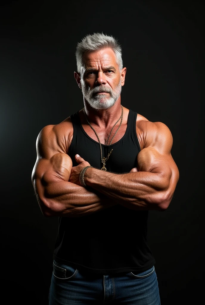 Wild muscle man, (60 year old dad:1.1), Chico 1, alone, Grey Hair (Black wife beater), (Big shoulders), Muscle tissue, Nargon, Stubble, Short Beard, Cute eyes:1.3, ), (Detailed face:1.3), Wearing glasses, smile, Dynamic Angle, Volumetric lighting, (Highest quality, High resolution, Realistic), Cinema Lighting, masterpiece, Raw photo, Intricate details, High resolution, whole body, Tight jeans ,Cross your arms、Gold Necklace、Gold Bracelet、Huge pectoral muscles、Giant Arms、glare、darkness