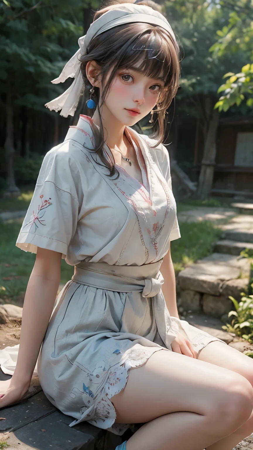 Araffe woman sitting on a bench in a park wearing a dress - SeaArt AI