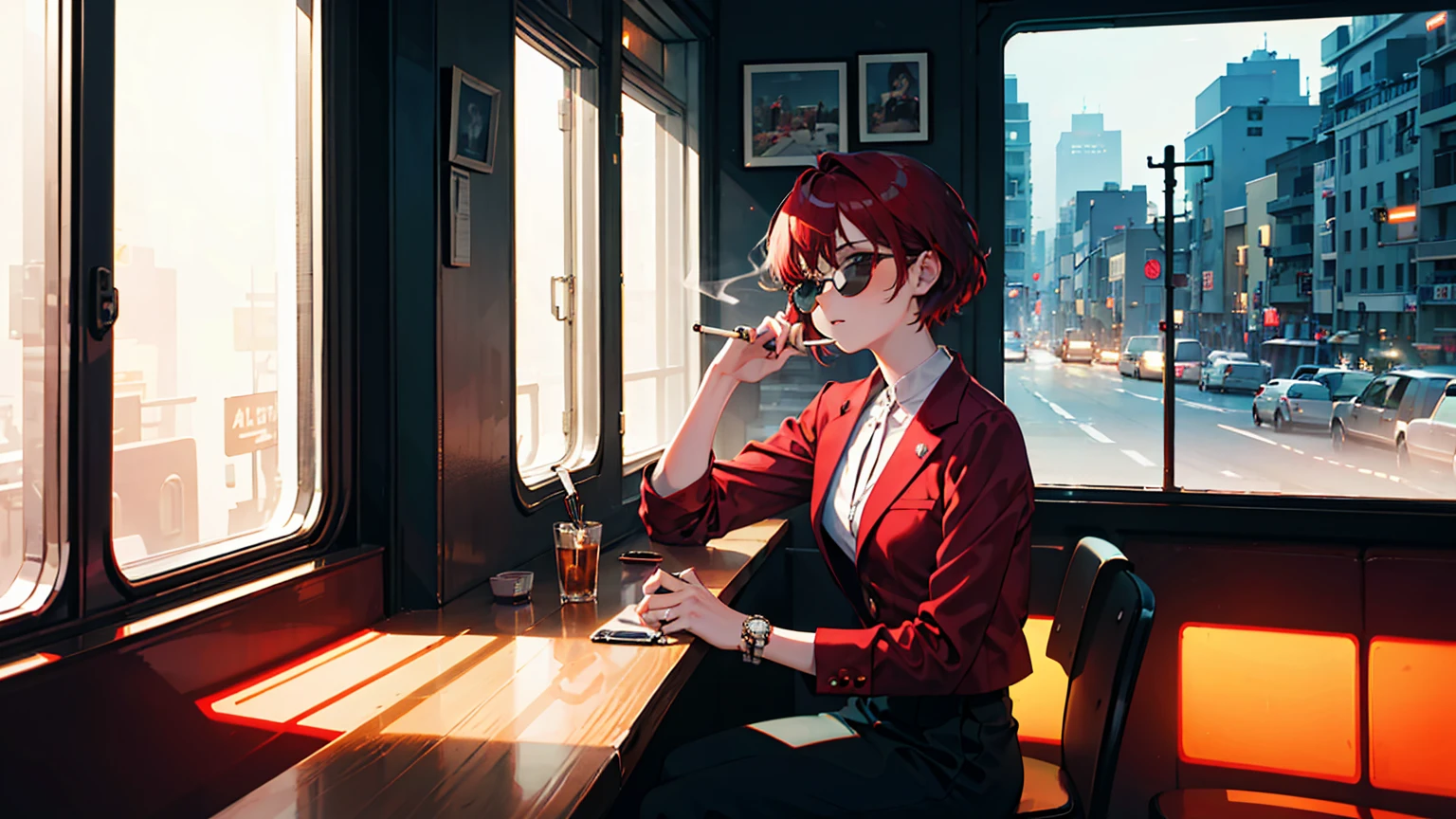 Beautiful redhead Asian girl sitting in a diner at night, Visible from the window, Perfect Face, sunglasses, Smoking white Taylormade cigarettes, Neon Black, (Backlight: 1.1), Hard Shadows, masterpiece, Highest quality, Complex, Model shooting style, Vintage, Film Grain, Incomplete details