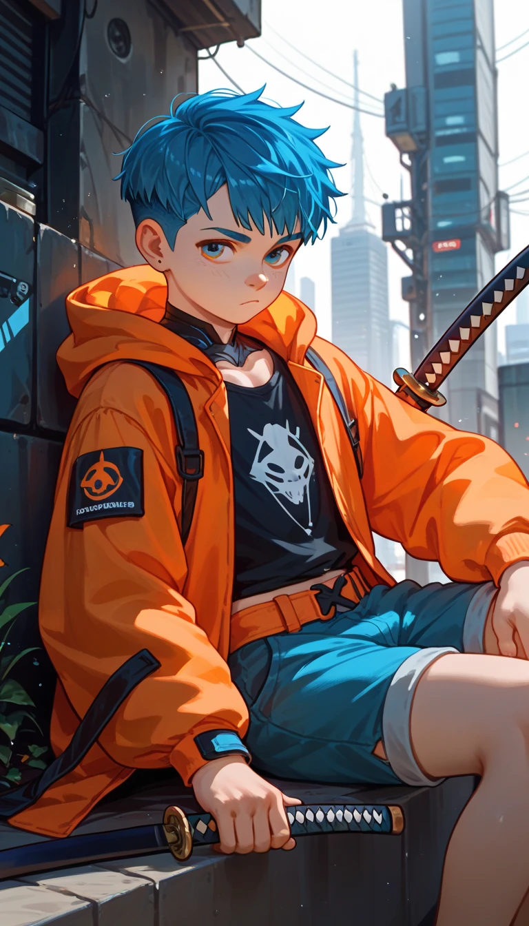 "A young boy with bright blue hair , pixie cut , bright skin, and the soft expression , wearing future clothing. Orange hood .  The boy sitting.  The background is plain black , holding katana , gives full focus to the character of the boy ."