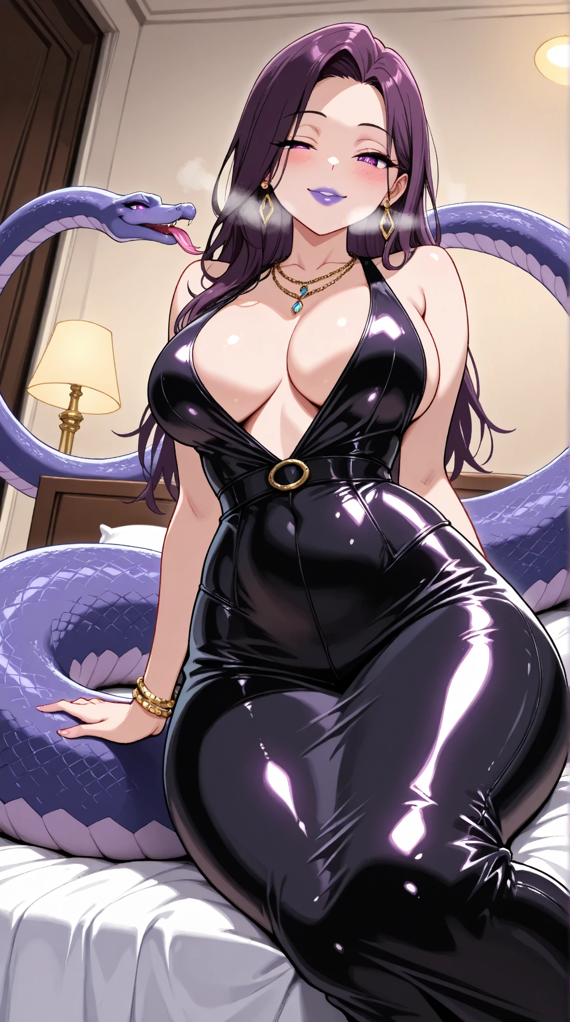 1 young beautiful woman,(masterpiece:1.3, top quality :1.3, very detailed depiction:1.3, Incredible High Definition :1.3,High quality anime drawings),(Lamia:1.5, Shiny Latex ,Fortune teller costume:1.3, Luxurious Accessories , earrings for women with first name, necklace, bracelet ),( Purple Eyes ,Vertically drawn pupils, half-closed eye , normal breasts, bewitching smile,Fluffy Lipstick , flashy makeup,blush,A feverish breath,Seductive gestures:1.5,Curvy Body,High quality skin,The lower body is full of snakes ),Focus on facial expressions,Mysterious purple fog :1.5, on the bed, sexually seduces viewers, covers viewers , sticking out her tongue, indecent vibe,Temptation to depravity ,（ view from below:0.5）