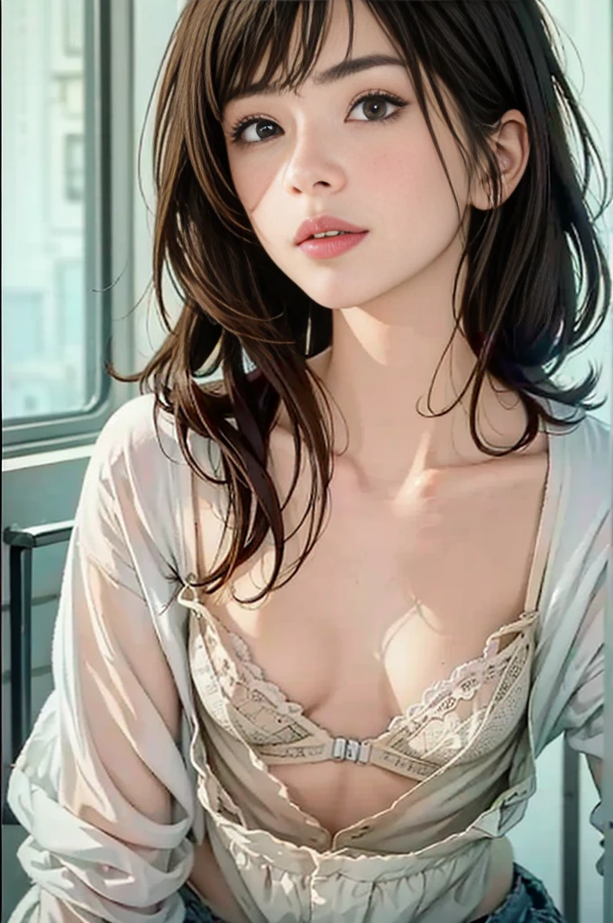 Chest、 alley take off your tops 、(( realistic skin types ))、( lean forward :1.3)、( oversized blouse 、 loose blouse 、 close-up portrait :1.2)、( Top Quality 、8k、32K、masterpiece)、(Detailed Bra)、a girl,、slightly open center of lips, very cute girl is sinking、 beautiful girl 、 squat、 bright smile、 fashion studio、 bright room、 to restore color to my face 、 long hair、 upper body close-up