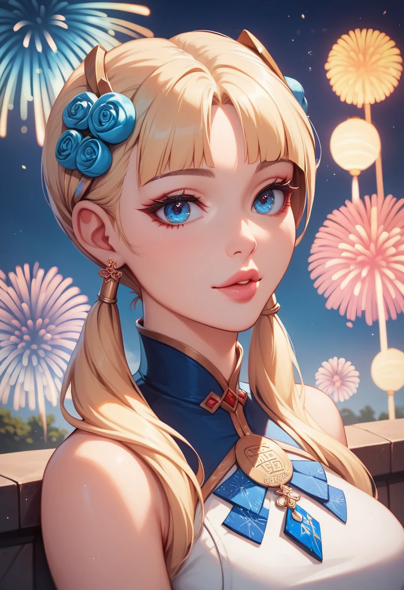 1girl, beautiful detailed eyes, beautiful detailed lips, extremely detailed face and features, long eyelashes, new year, fireworks, masterpiece, (best quality,8k,highres,ultra-detailed,), vivid colors, blonde hair, pigtails, hair accessories, blue eyes,