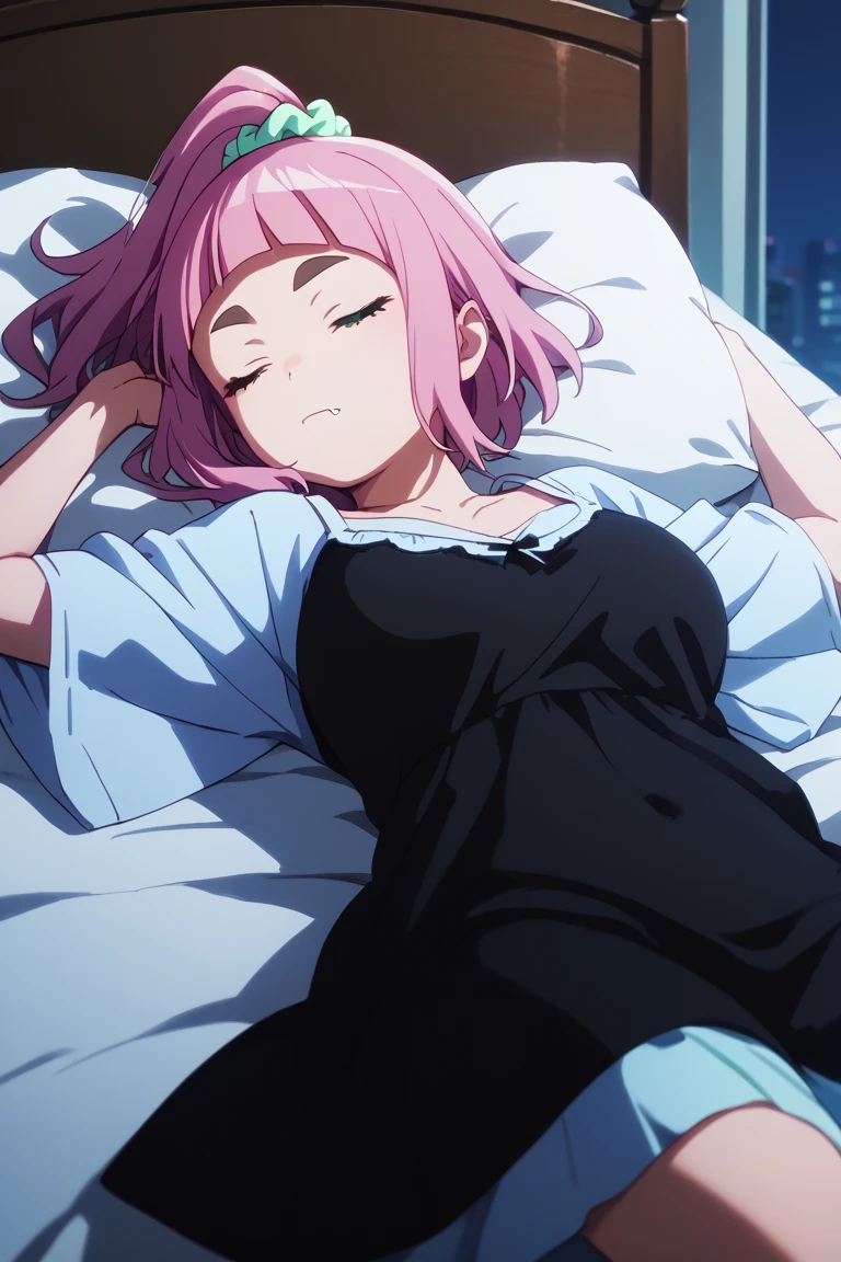 source_anime, kiuiwatase, kiui watase, short hair, bangs, hair ornament, green eyes, pink hair, thick eyebrows, hair scrunchie, scrunchie, ponytail, blunt bangs, skin fang, large breasts,                      BREAK    1girl,  sleeping, on bed, lying on bed, bedroom, cowboy shot, dimly light, nightgown, night, windows