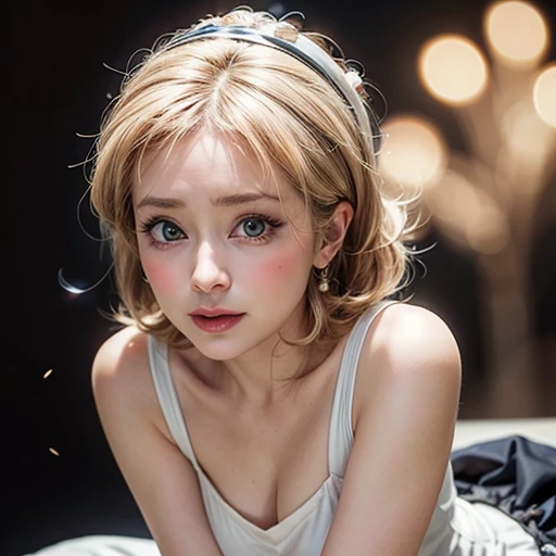 This is a cute drunk girl with an oval face,sitting in bedroom,holding glass black tea in hands. She has double eyelids and a high nose bridge, which beautifully accentuates her big eyes. Her blonde colored curls add charm to her overall appearance. With cherry lips , she looks adorable, RAW photo, full sharp, (FullHD epic wallpaper) 8k uhd, dslr, soft lighting, high quality, film grain, Fujifilm XT3