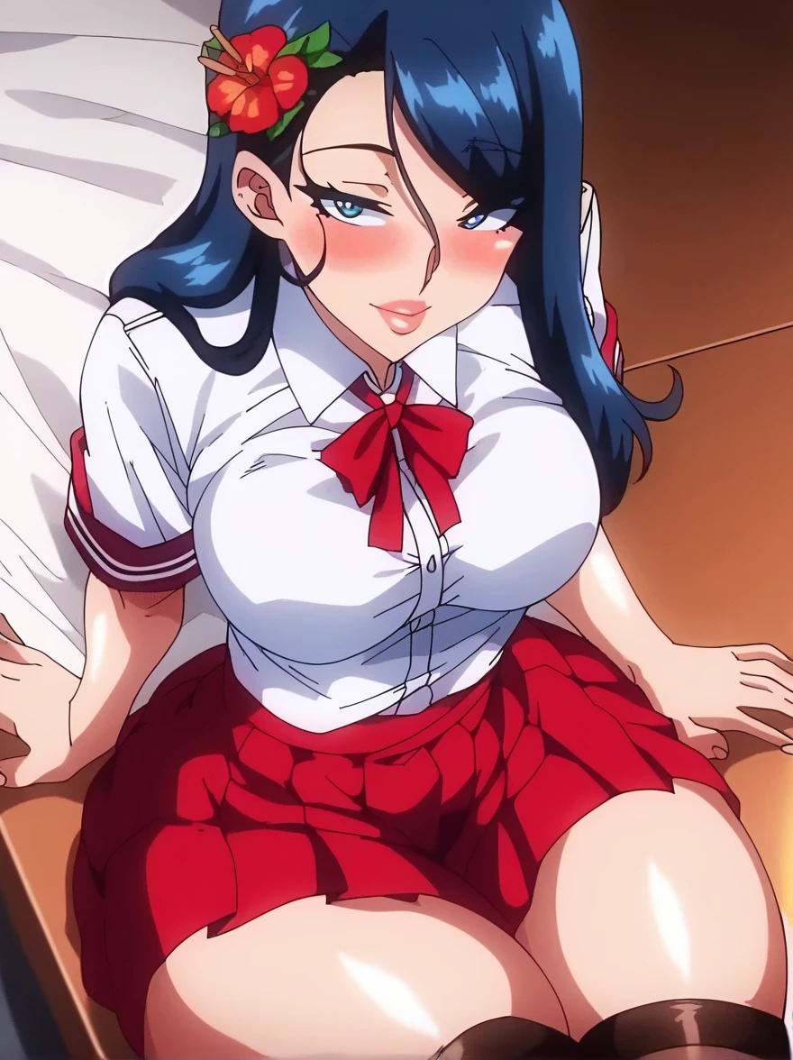  score_9,  score_8_above,  score_7_above,  score_6_above,   source  _animated,  girl sitting on a bench, hands on thighs,  long black hair,   school uniform  , skirt,  tall black stockings, beautiful hair ornament, bright paboveils, blush,   medium breasts ,  narrow waist, caderas anchas,  thick thighs in bed,  looking at the spectator, Cowboy shot,  dynamic position , beautiful,  general plane , Alone, sexually suggestive, naughty face, blush, 
 TrexStudio , animated screencap,